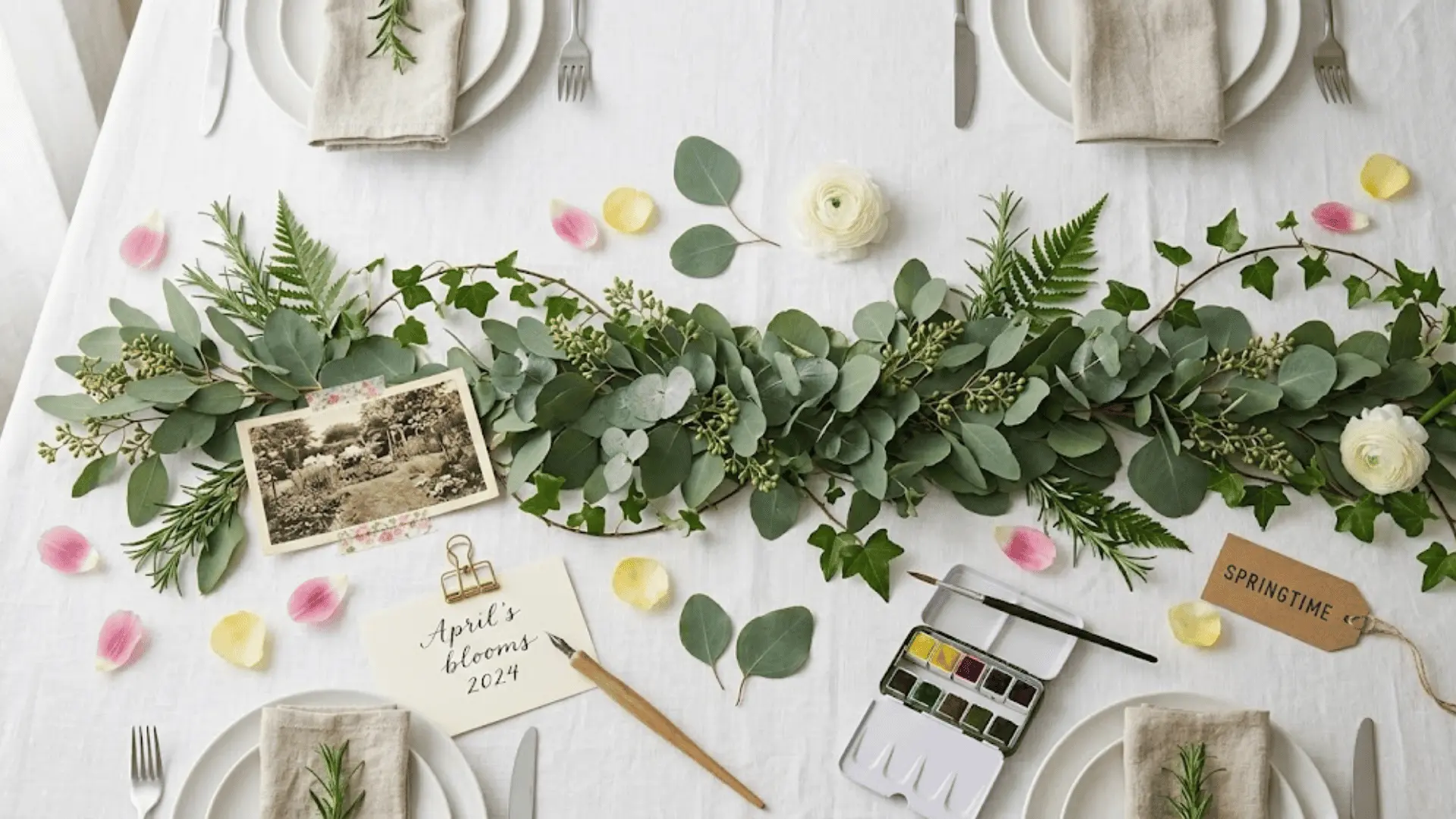 minimalist eucalyptus greenery runner centerpiece on white linen dining table in natural daylight