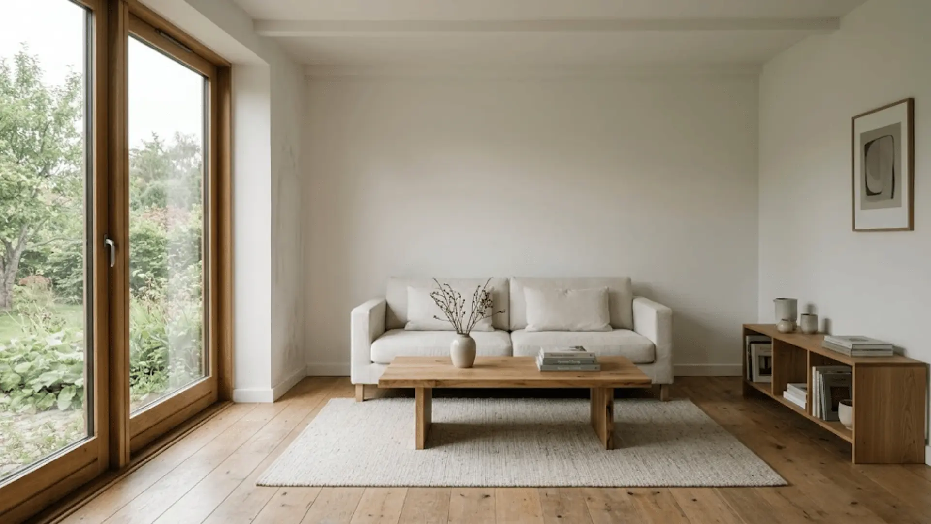 minimalist living room with flat matte white walls absorbing soft natural daylight with simple neutral furnishings