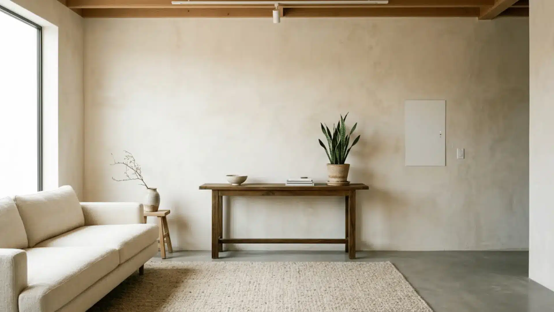 minimalist living room with organic cotton sofa, reclaimed wood console, and limewash walls in natural light