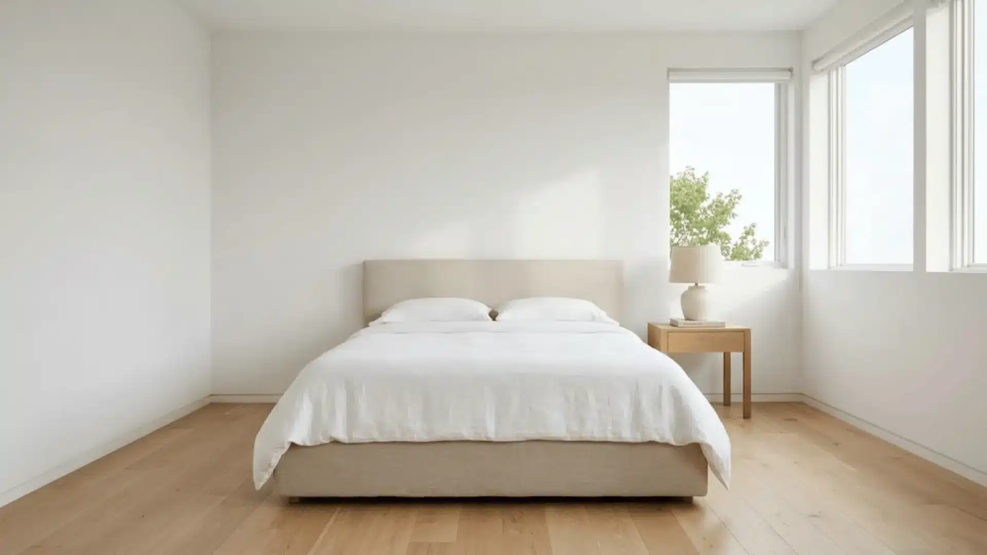 minimalist neutral bedroom with white walls, linen bed, and single ceramic lamp in clean morning light