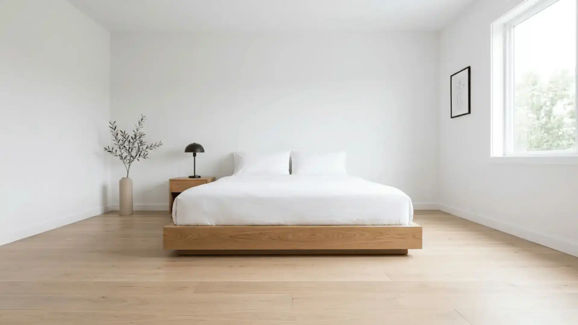 minimalist spare bedroom with low oak bed, white bedding, bare walls, and diffused natural daylight