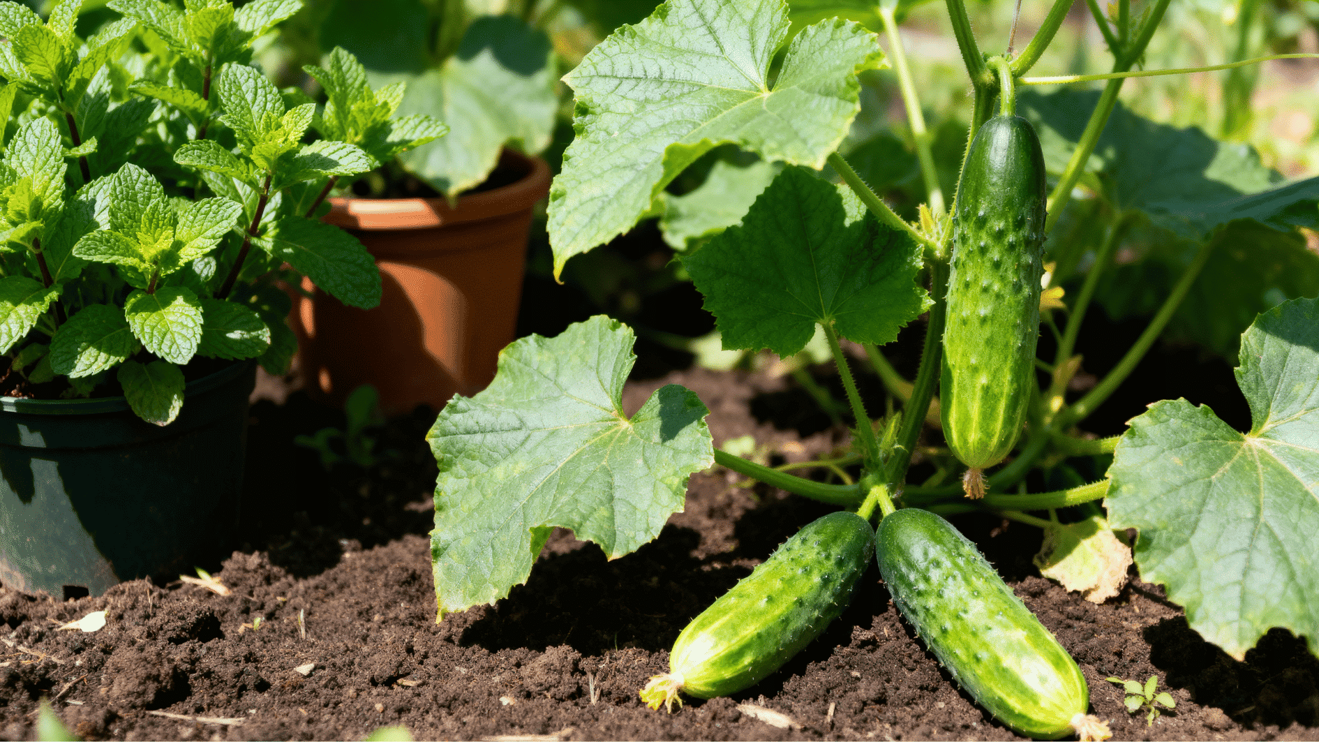 mint plants in pots beside cucumber vines in a sunny garden with rich soil and fresh green cucumber leaves.