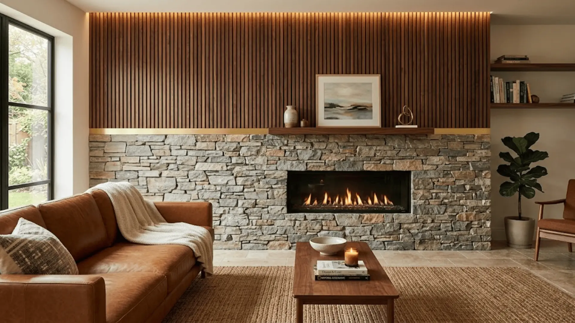 mixed material fireplace accent wall with natural stone and walnut wood slats in a luxury living room