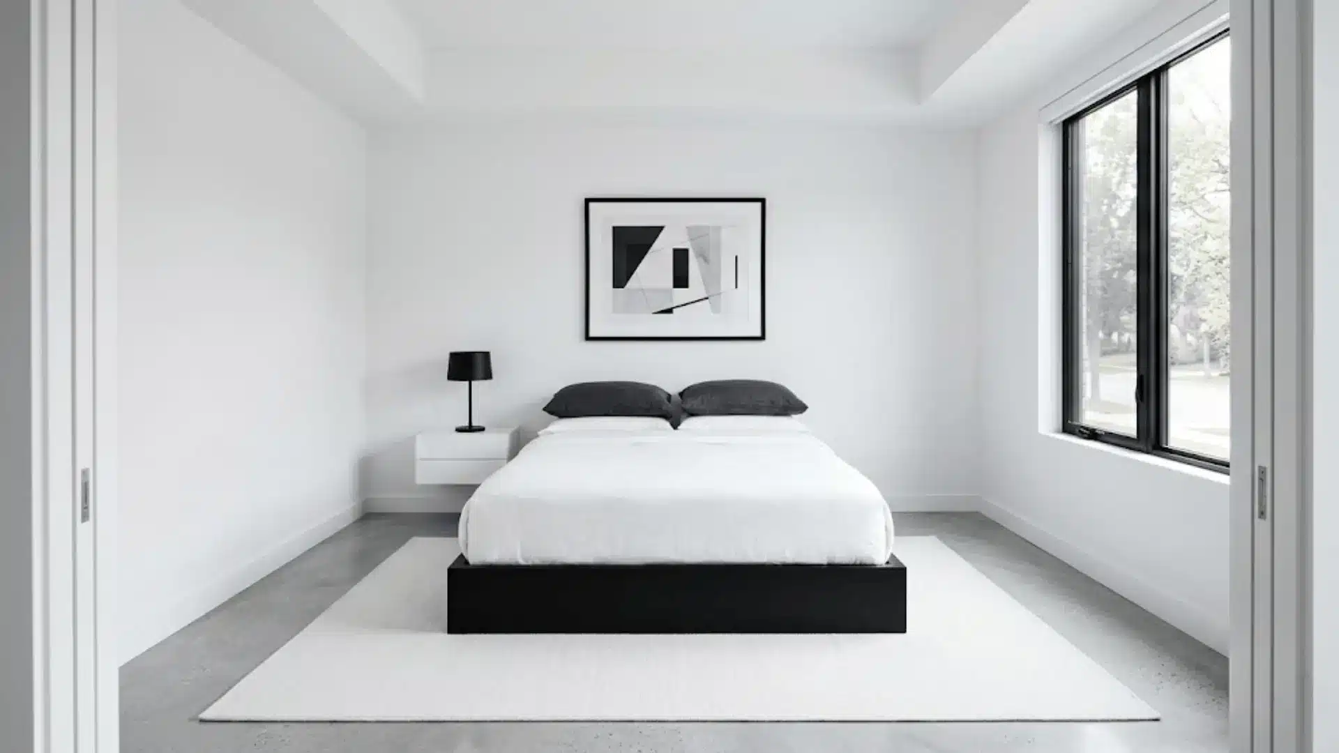 modern monochrome spare bedroom with black platform bed, white bedding, grey flooring, and minimal black accents