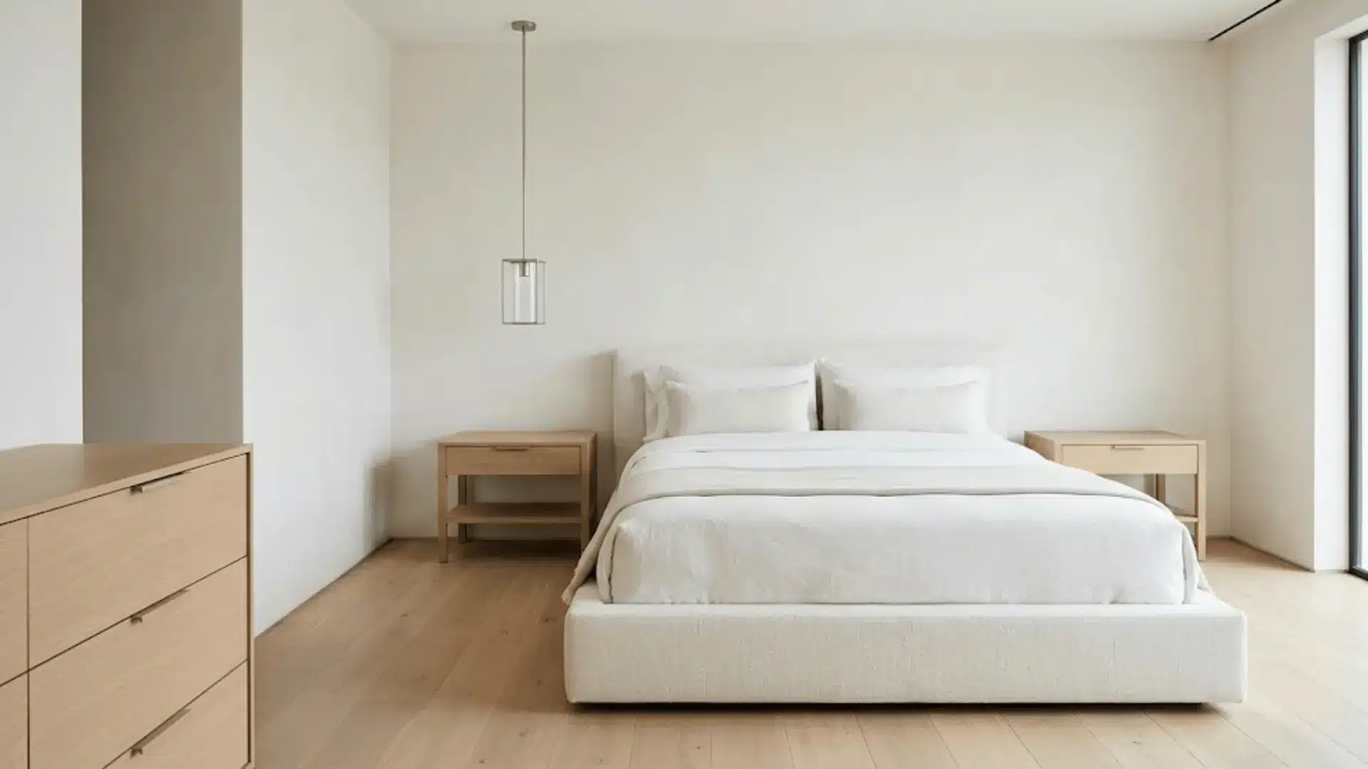 modern neutral bedroom with low platform bed, slim oak nightstands, and clean-lined minimal dresser