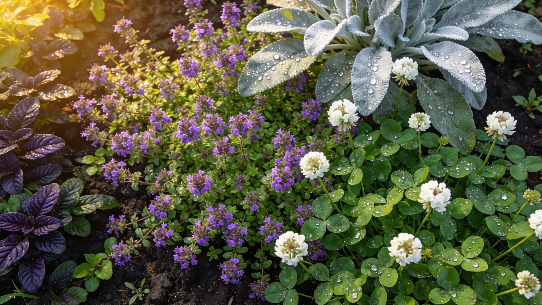 multiple ground cover plants including creeping thyme, white clover, lamb's ear and ajuga growing densely together completely covering garden soil with no bare patches for weeds to grow