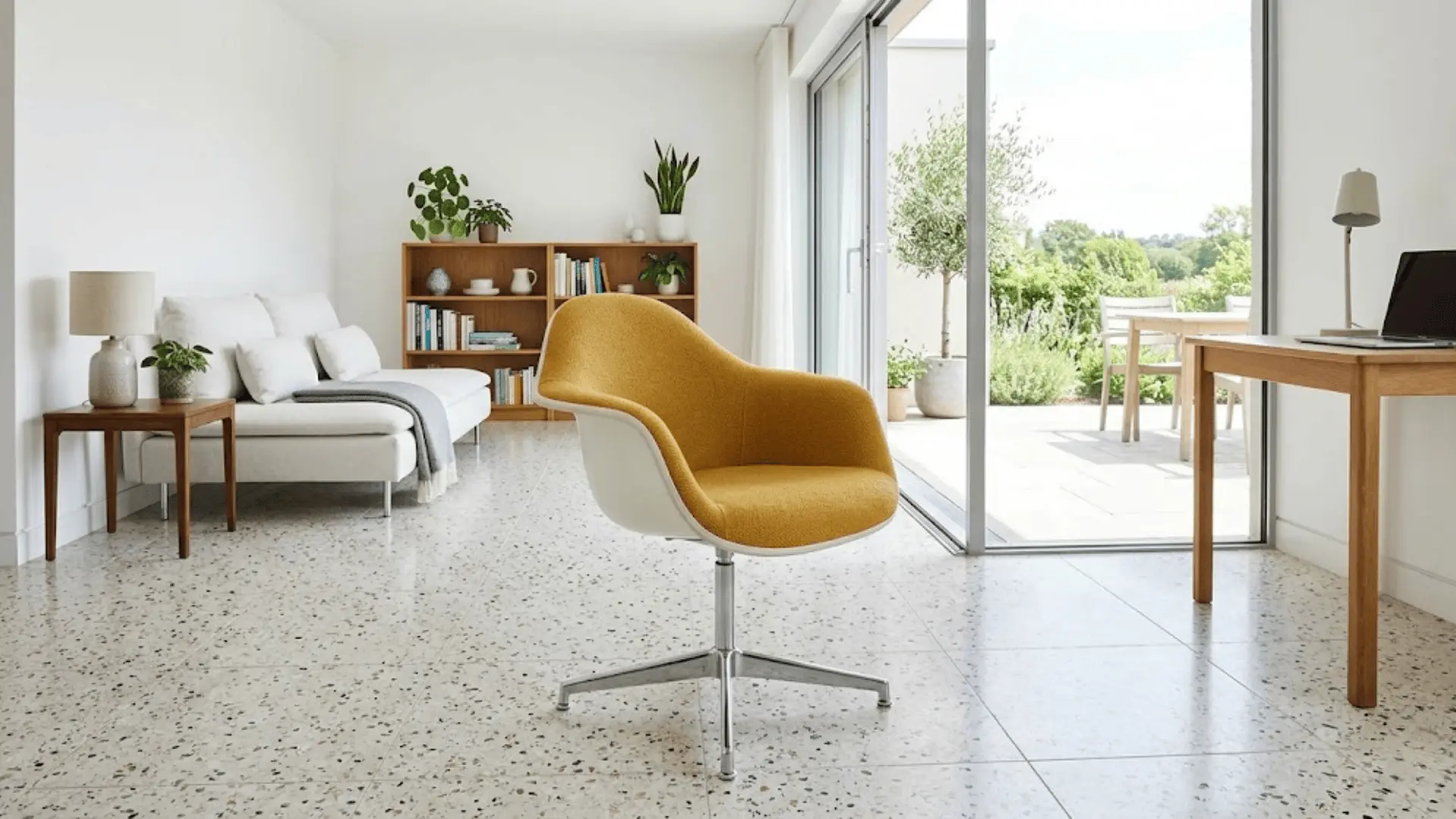 mustard yellow swivel chair with chrome base in a bright open-plan living space with terrazzo flooring
