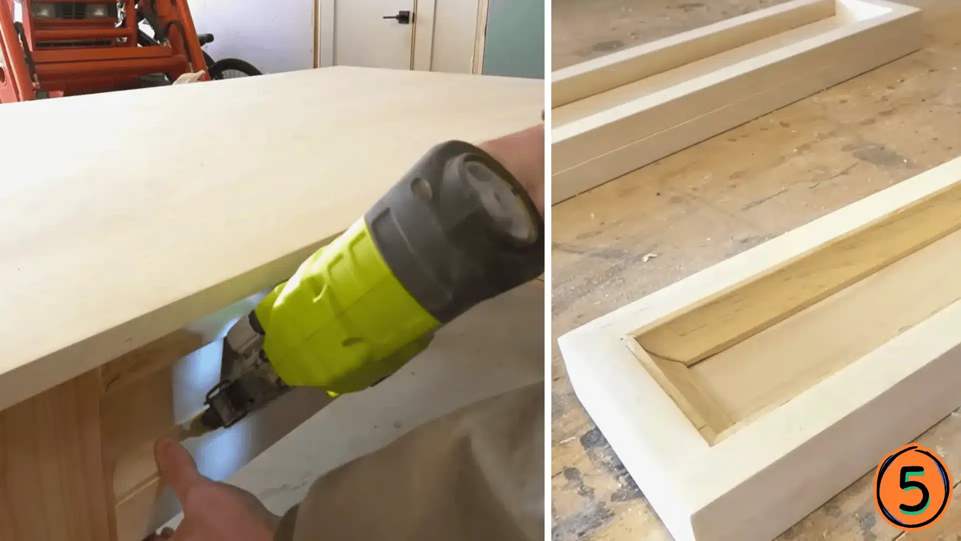 nailing trim onto a diy desk edge and closeup of cove molding detail on drawer fronts