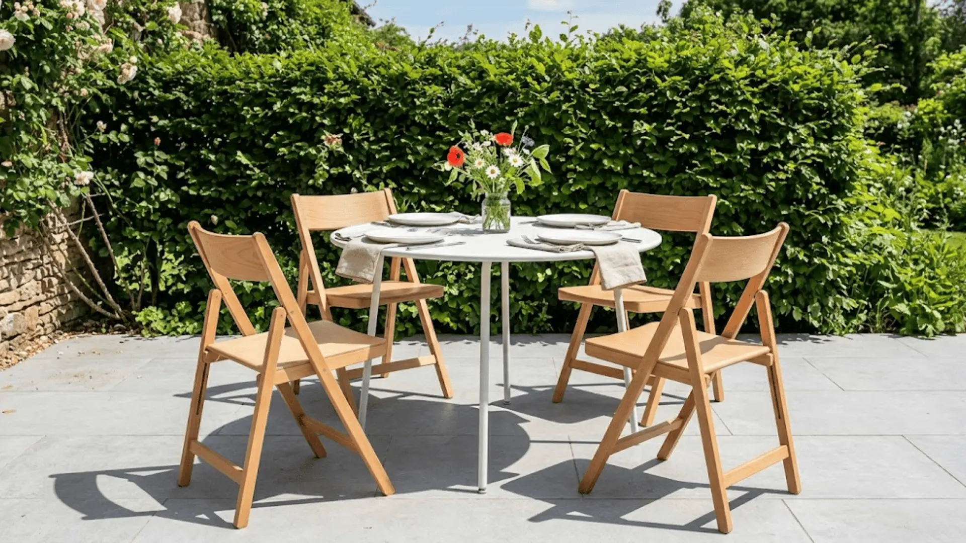 natural beech folding chairs around a white outdoor table set for lunch on a sun-drenched garden terrace