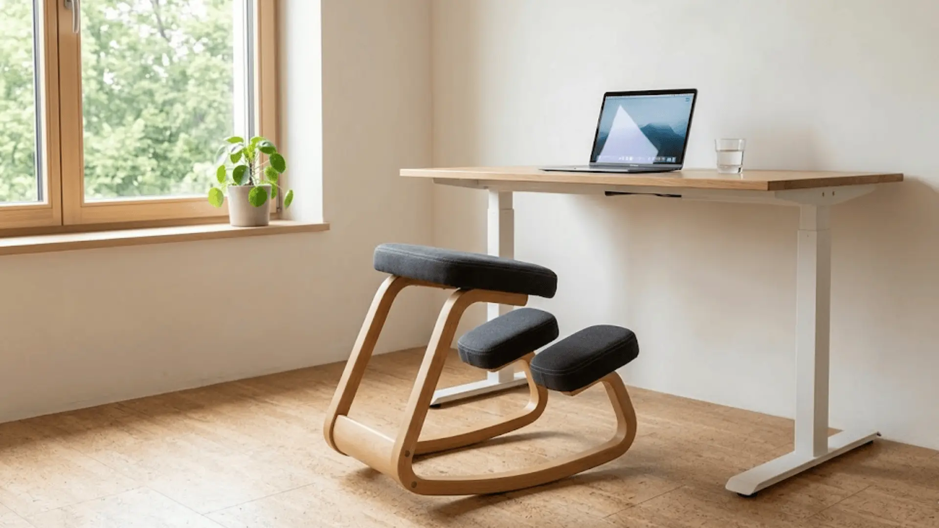 natural beech kneeling chair with grey cushions at an adjustable standing desk in a minimal home office