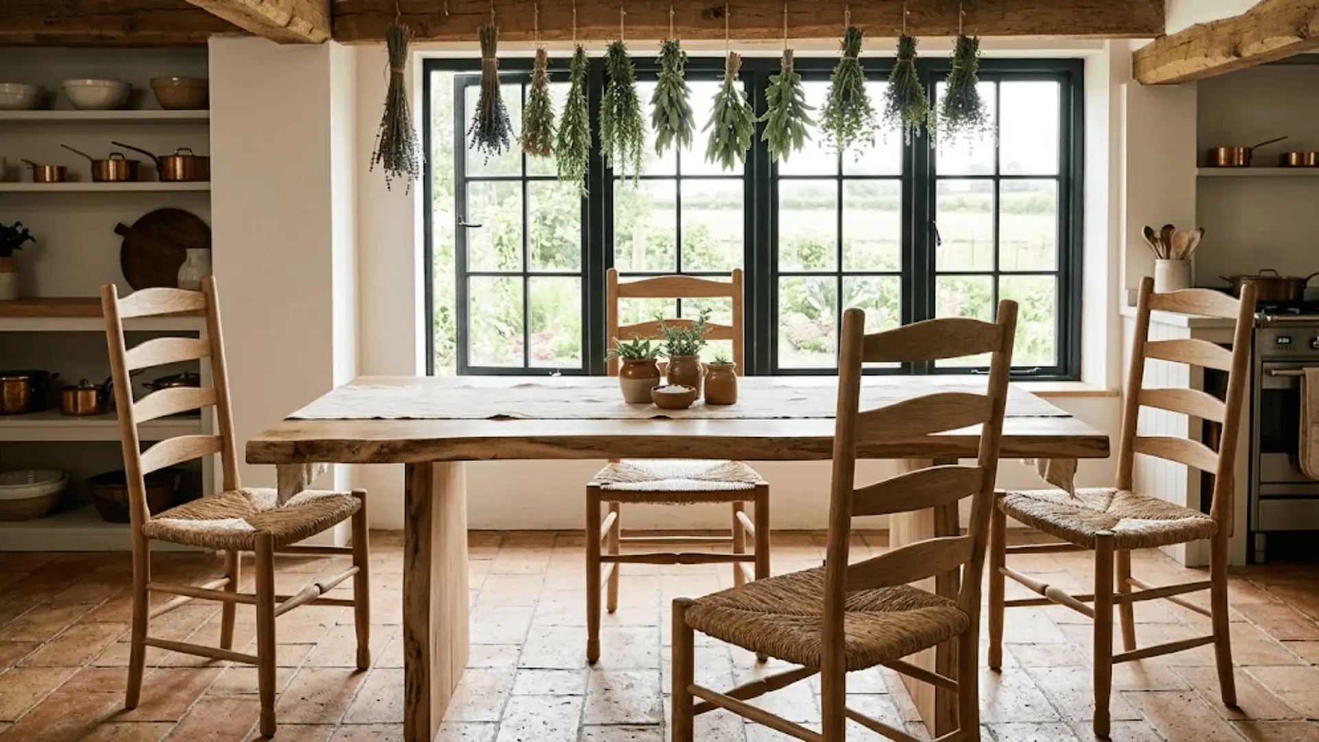 natural oak ladder back chairs with rush seats around a live-edge table in a warm farmhouse kitchen