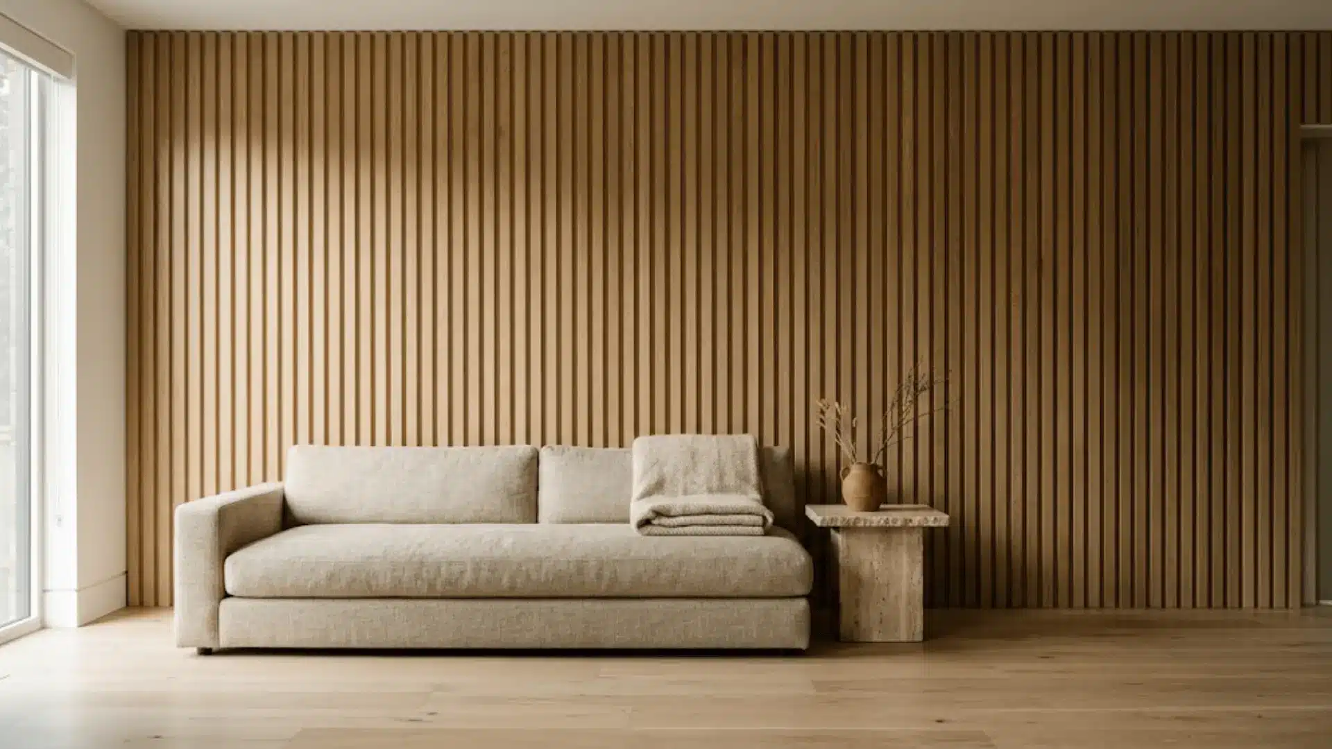 natural oak wood slat accent wall in a minimal living room with linen sofa and travertine details