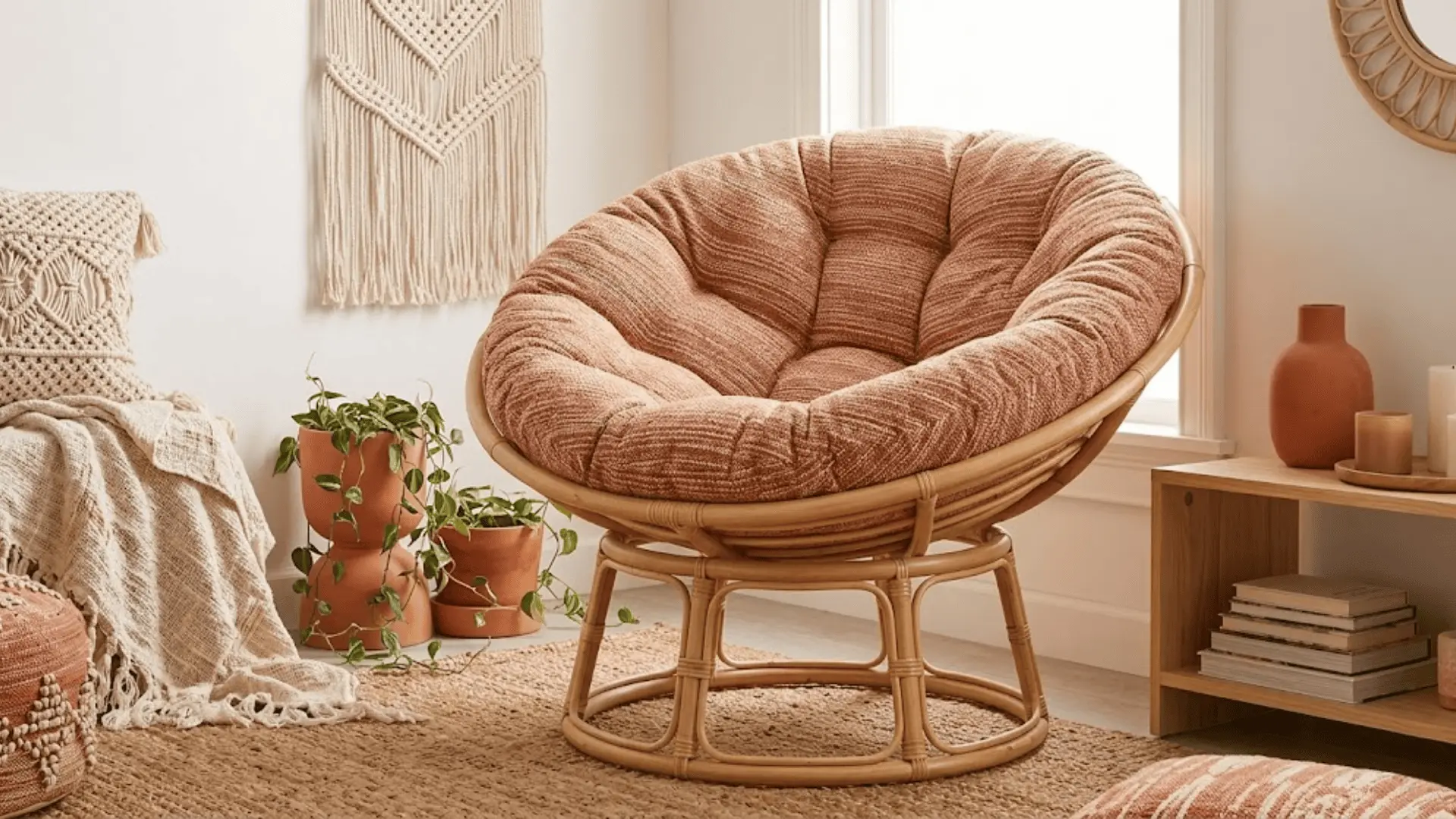 natural rattan papasan chair with terracotta woven cushion in a bright bohemian bedroom with layered textiles
