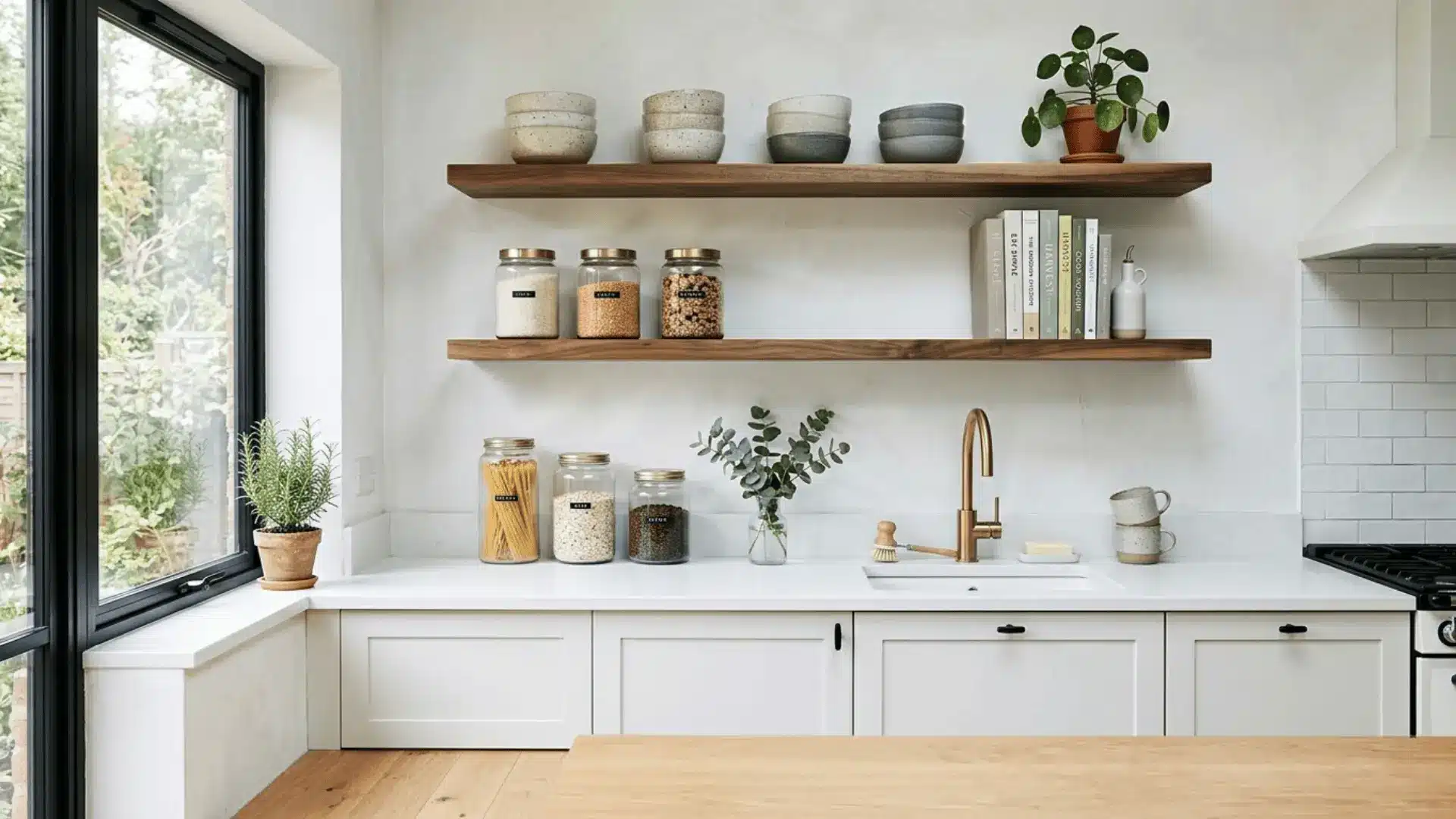 natural walnut open shelves styled with ceramics and plants in a modern kitchen with white lower cabinets