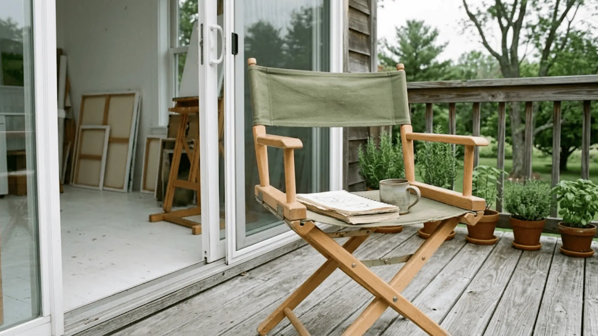 natural wood director's chair with olive canvas on a weathered deck beside an open studio door