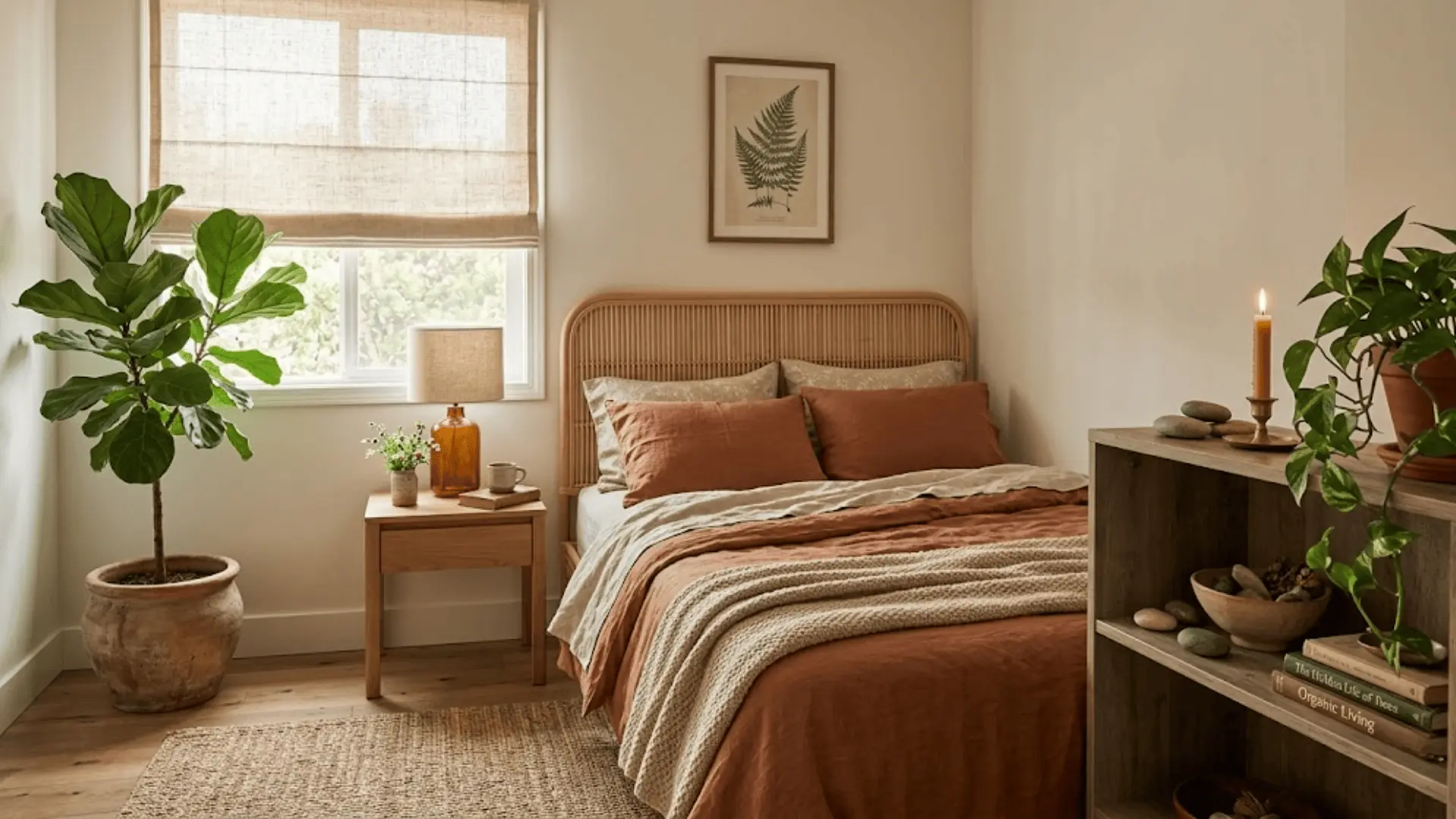 nature-inspired spare bedroom with rattan headboard, earthy linen bedding, fiddle leaf fig, and seagrass rug