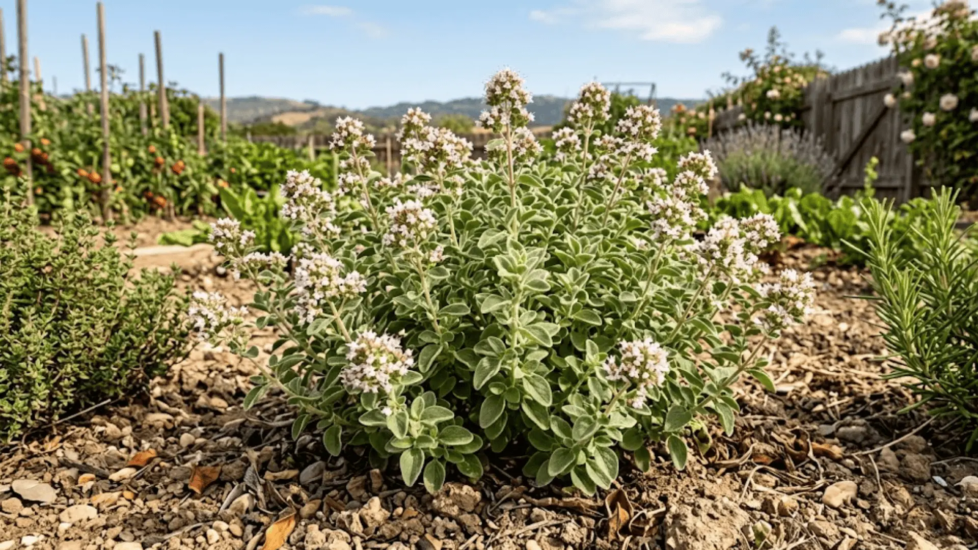 neat marjoram plant with soft grey green leaves and tiny white pink flowers in dry warm garden soil