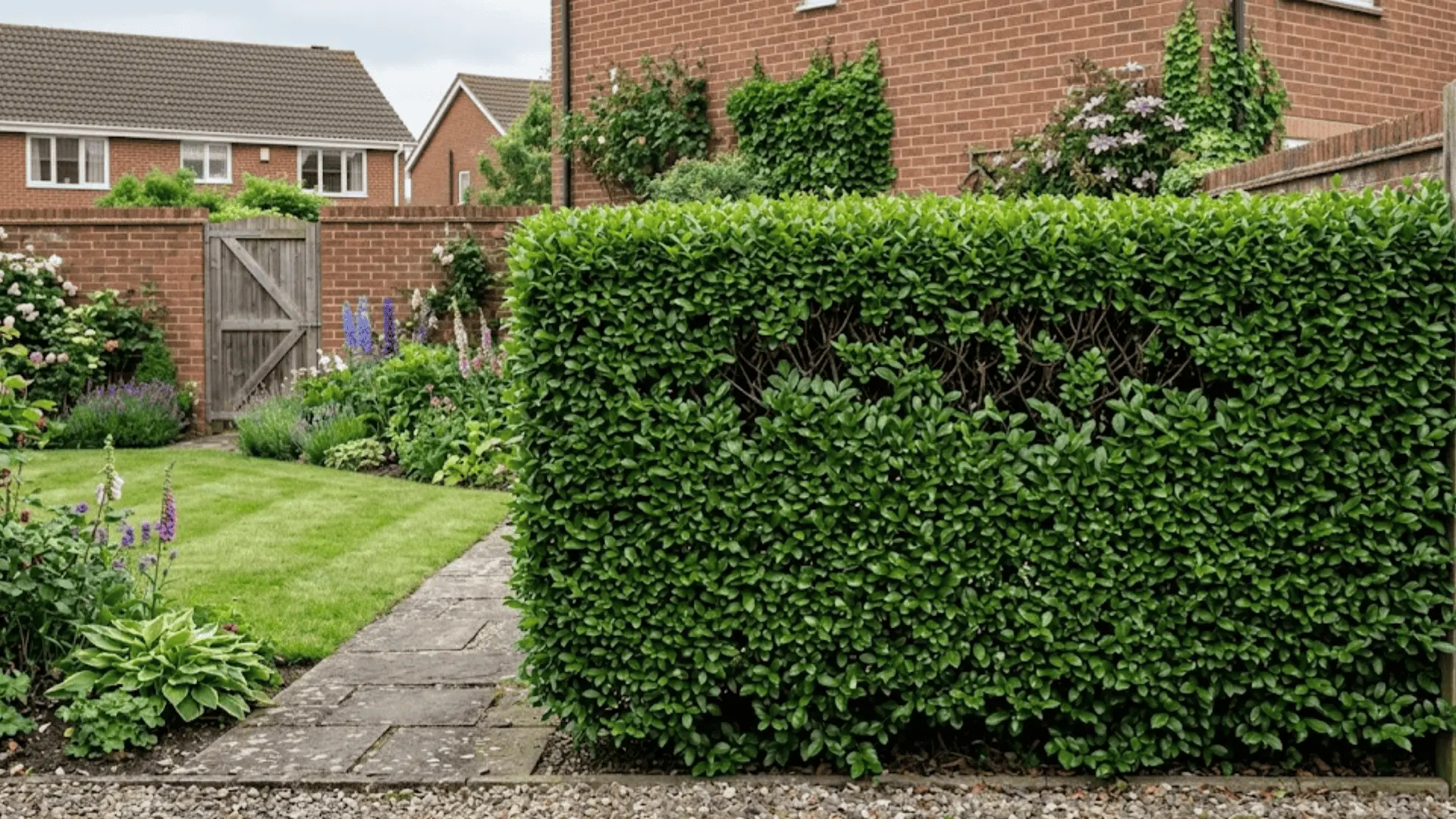 neatly clipped privet hedge with glossy dark green leaves lining a residential garden path