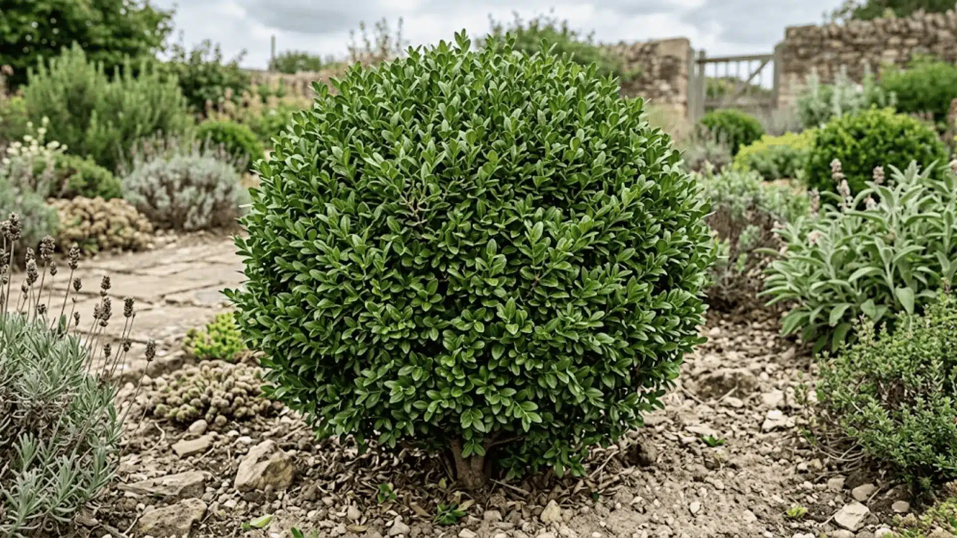 neatly shaped boxwood shrub with dense dark green oval leaves growing in a dry garden setting
