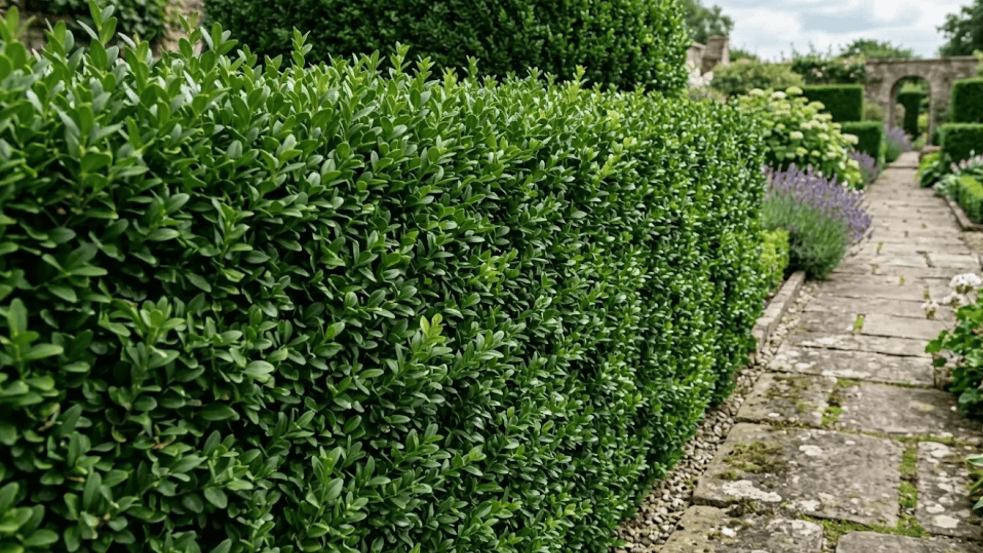 neatly trimmed boxwood hedge with dense deep green leaves in a formal garden setting