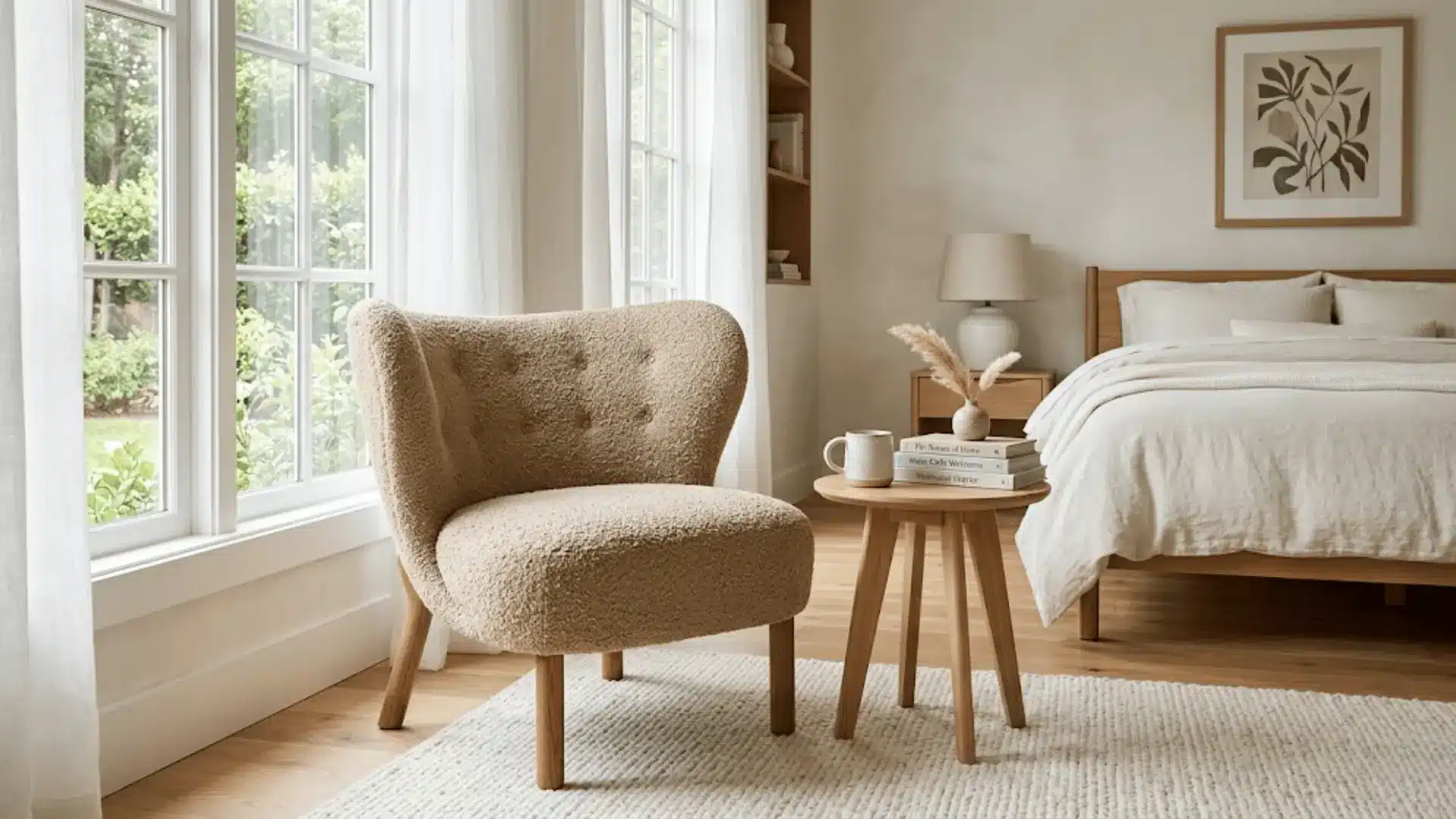 neutral bedroom corner with oatmeal boucle accent chair, wood side table, and ivory linen bed in morning light