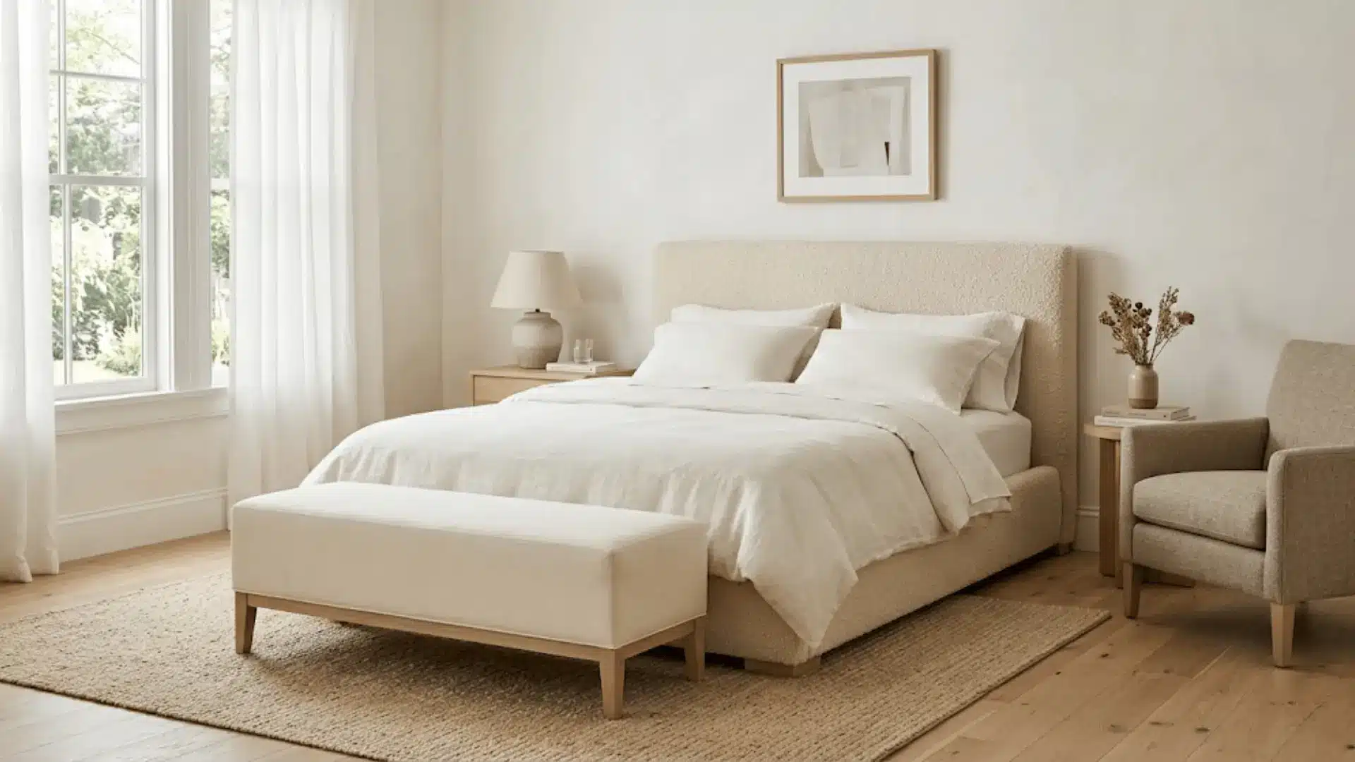 neutral bedroom with boucle upholstered bed frame, cream linen bench, and fabric accent chair in natural light