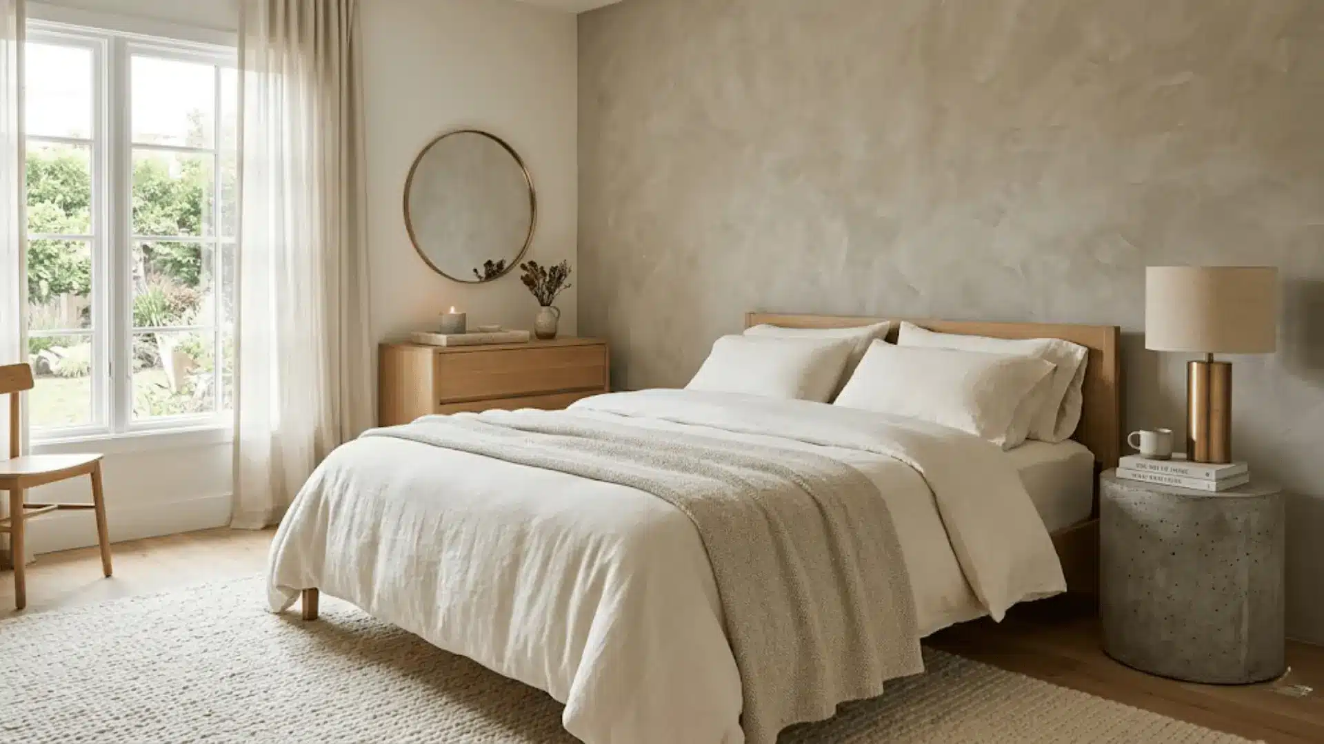 neutral bedroom with concrete side table, plaster accent wall, brass lamp, and soft ivory linen bedding