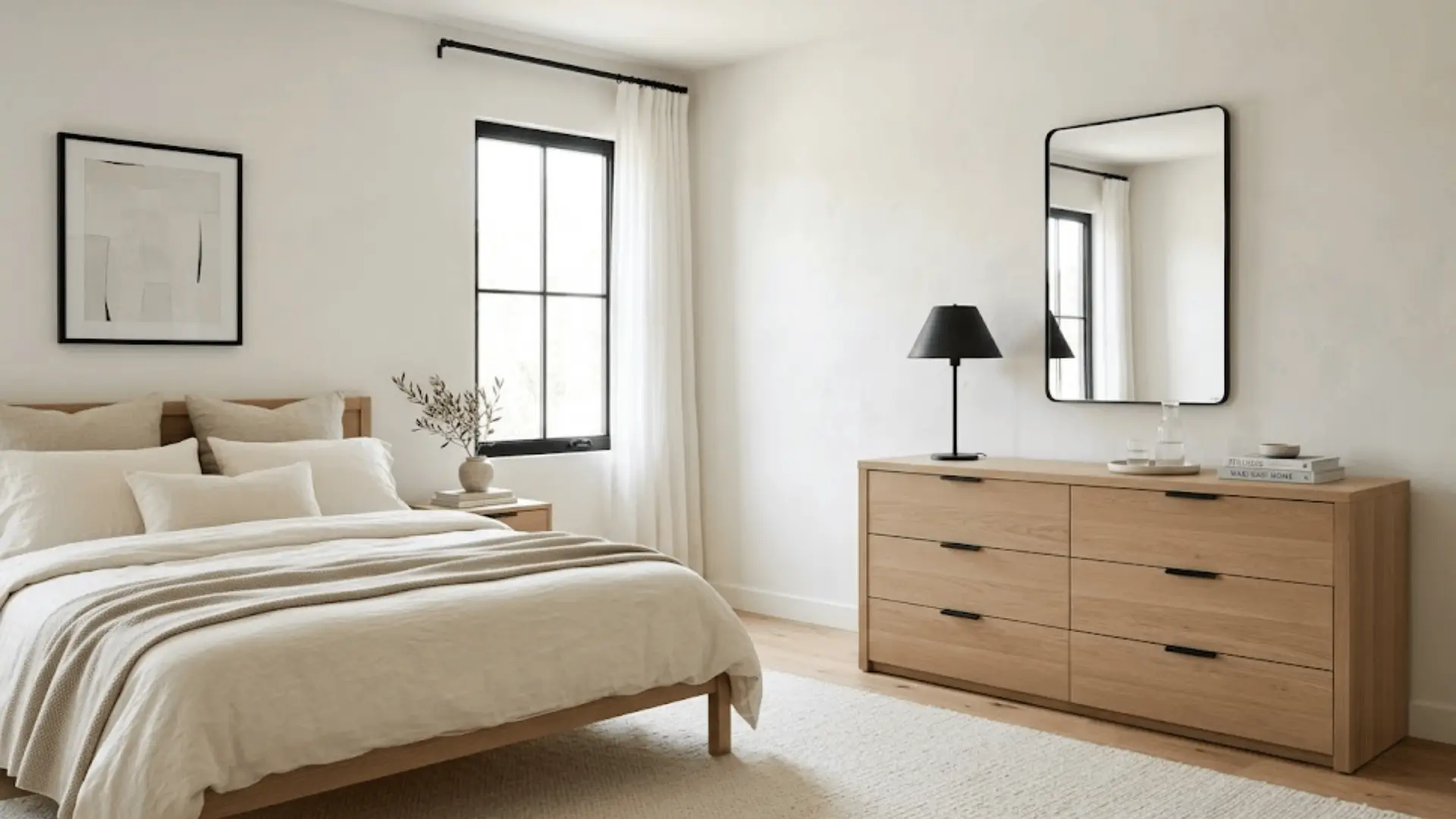 neutral bedroom with cream linen bedding, matte black lamp, black-framed mirror, and light oak dresser