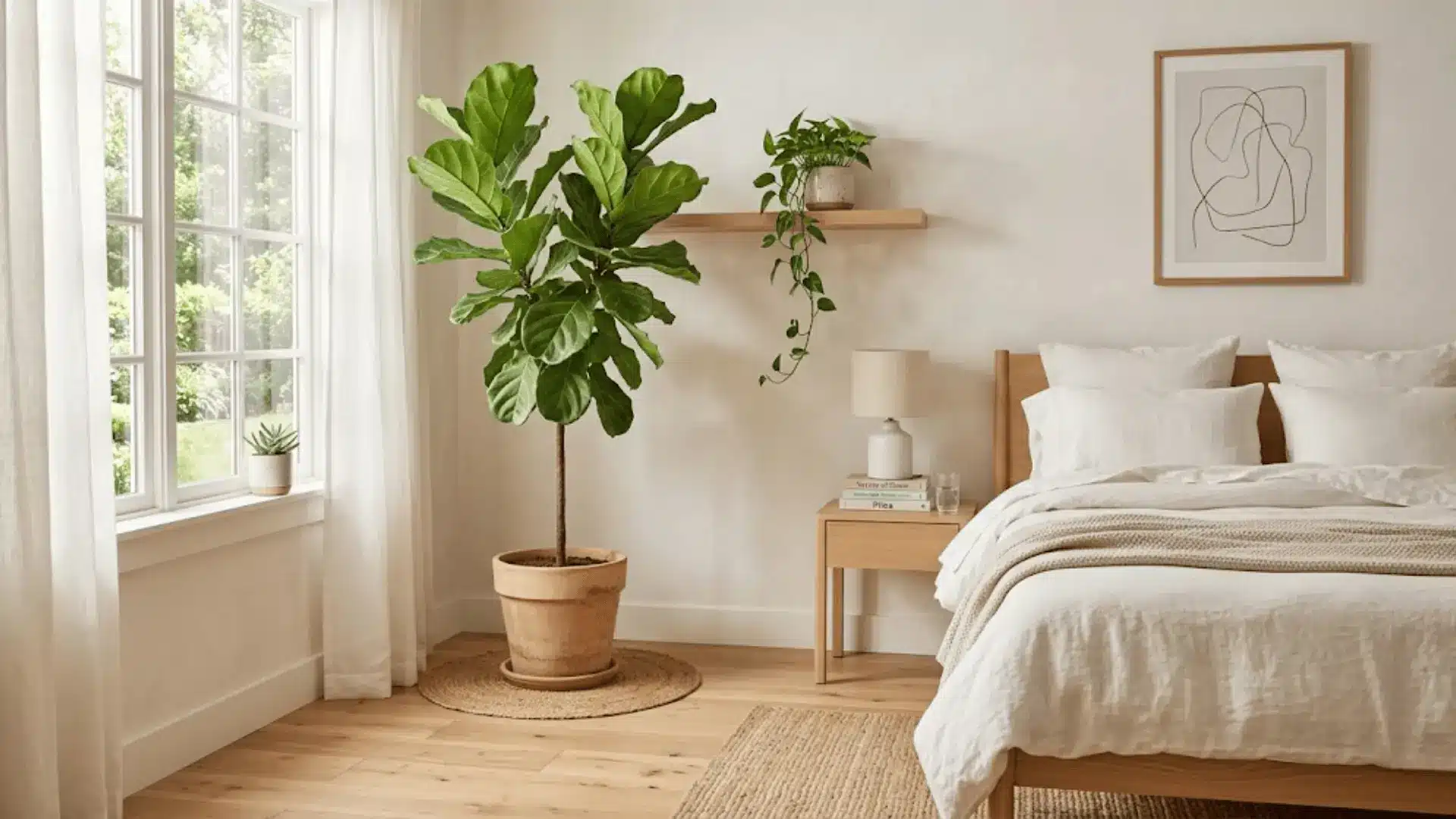 neutral bedroom with fiddle leaf fig in terracotta pot, trailing pothos, and warm white linen bedding