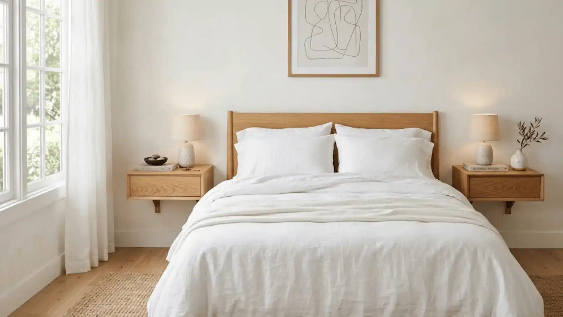 neutral bedroom with floating oak nightstands, ceramic lamps, white linen bedding, and light hardwood floor