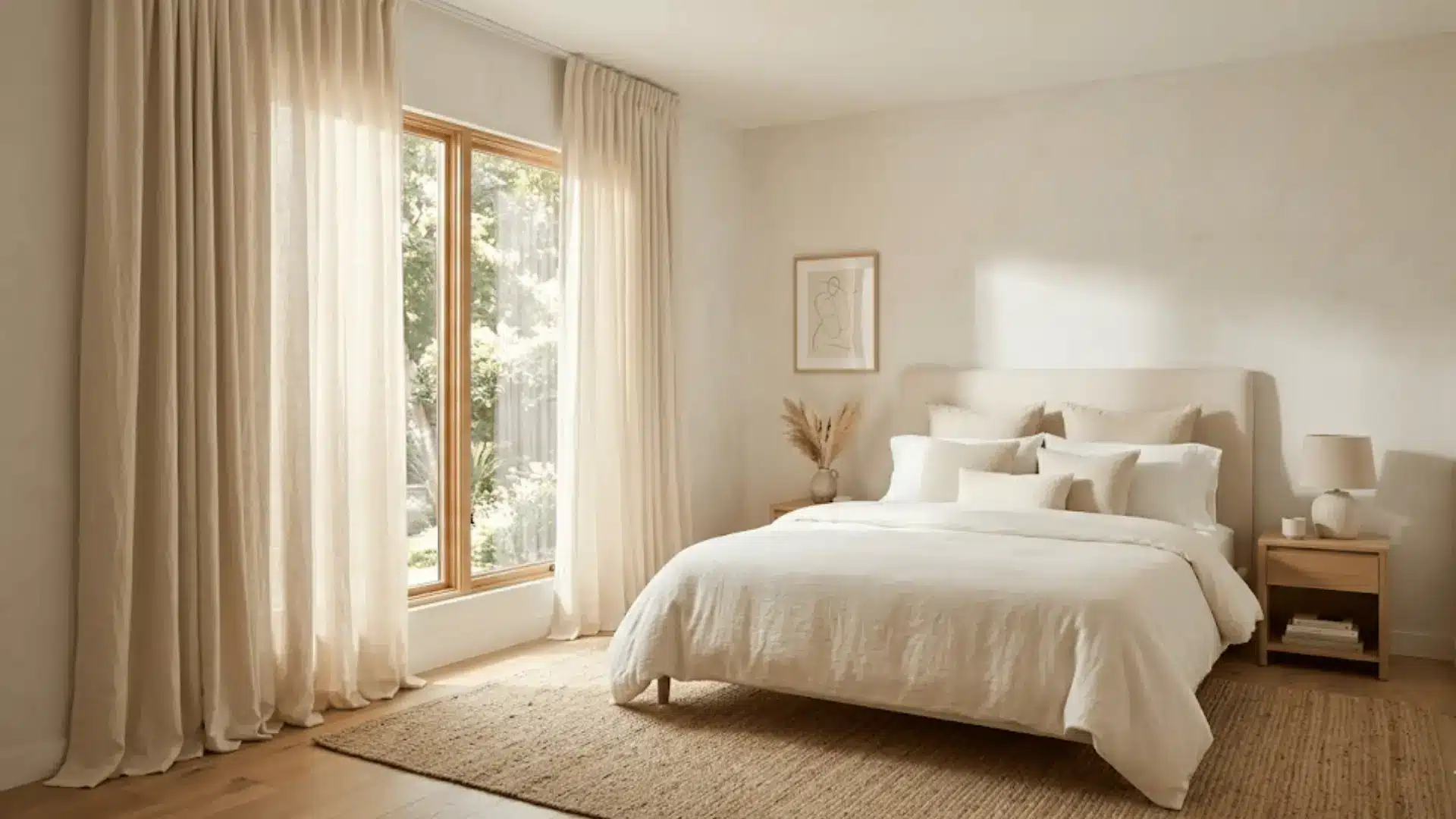 neutral bedroom with floor-to-ceiling cream linen curtains pooling on hardwood floor and ivory upholstered bed