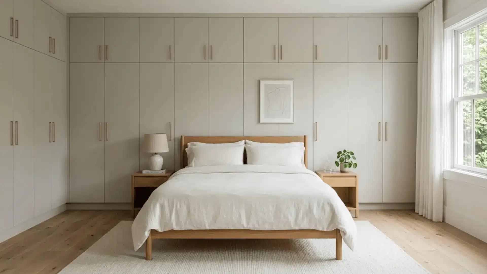 neutral bedroom with floor-to-ceiling greige built-in cabinetry, brass handles, and ivory linen bedding