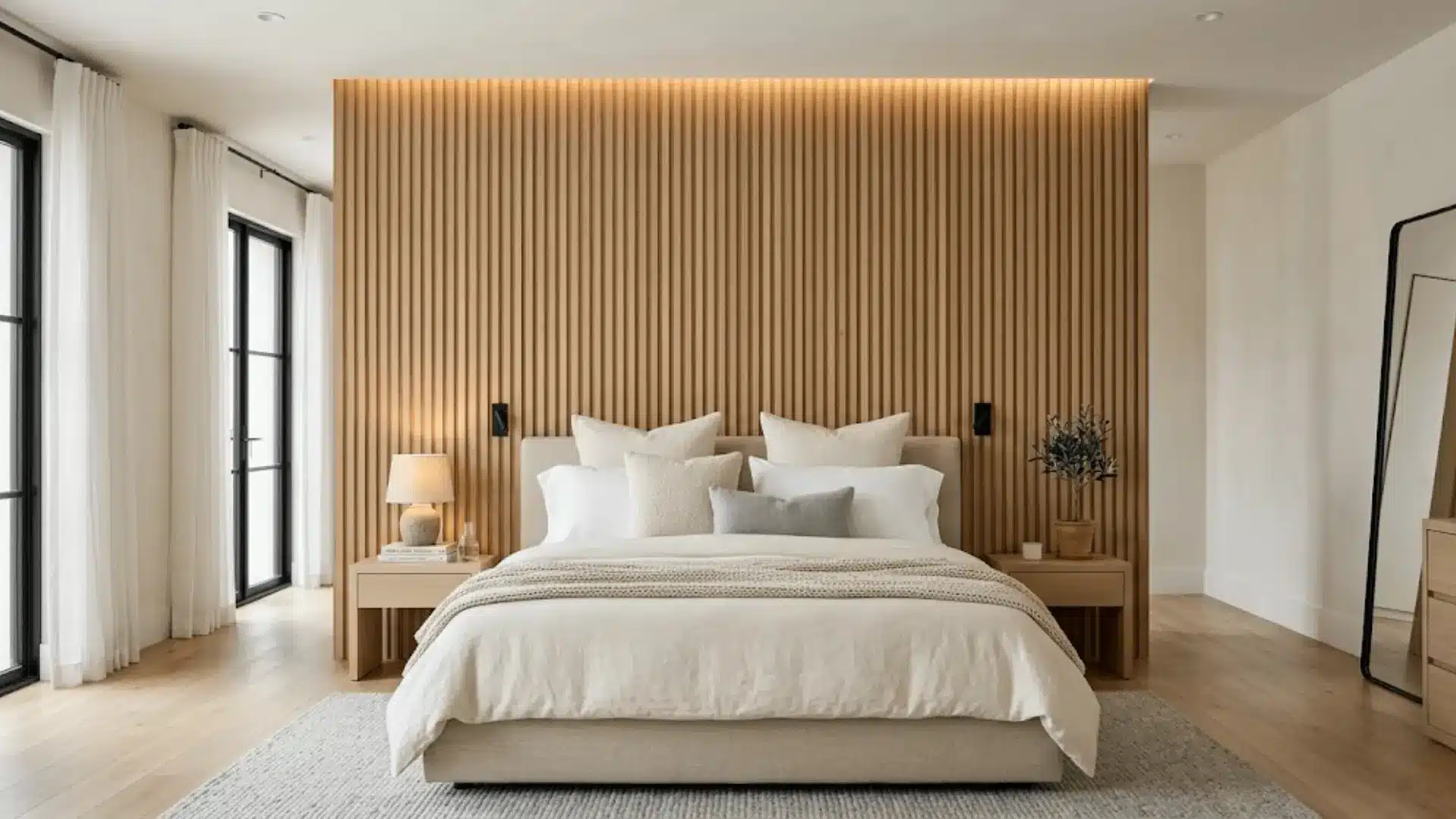 neutral bedroom with fluted oak wall panels, linen upholstered bed, and warm recessed lighting