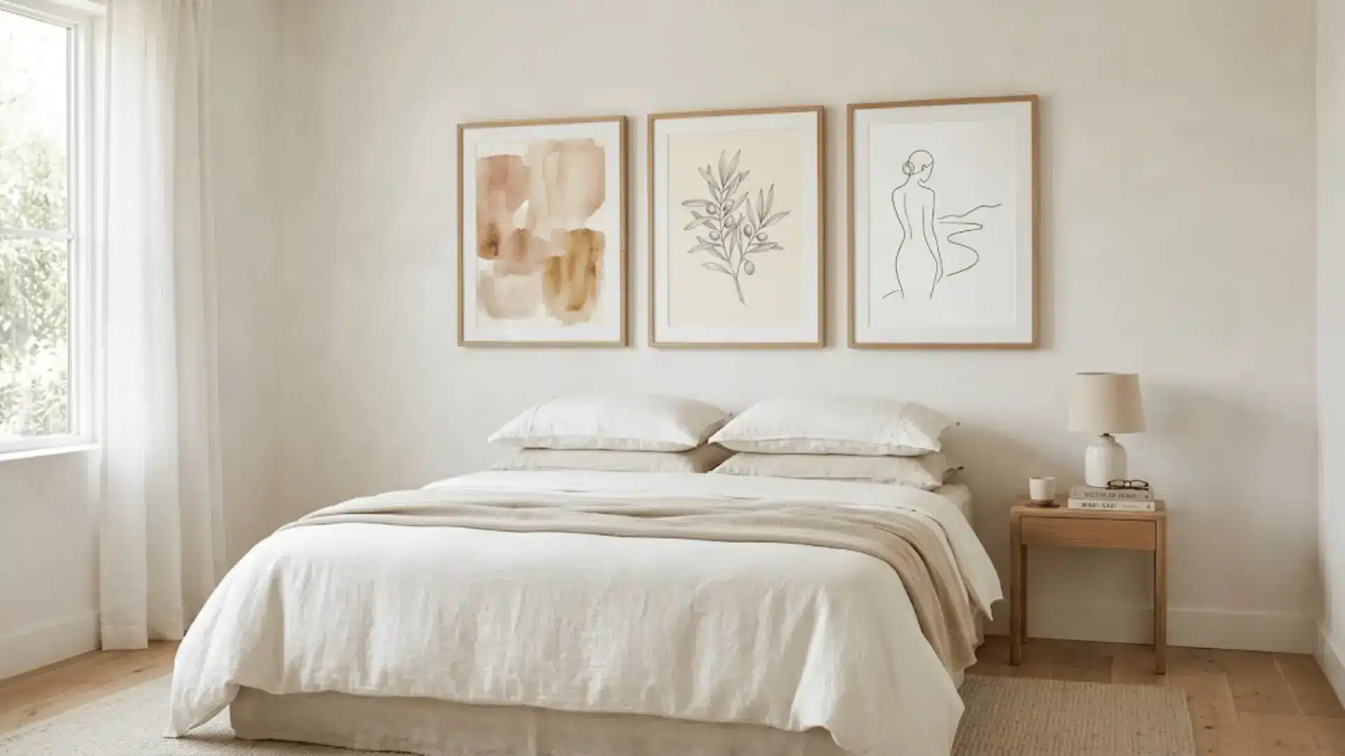 neutral bedroom with gallery wall of framed abstract and line art above ivory linen bed in natural light