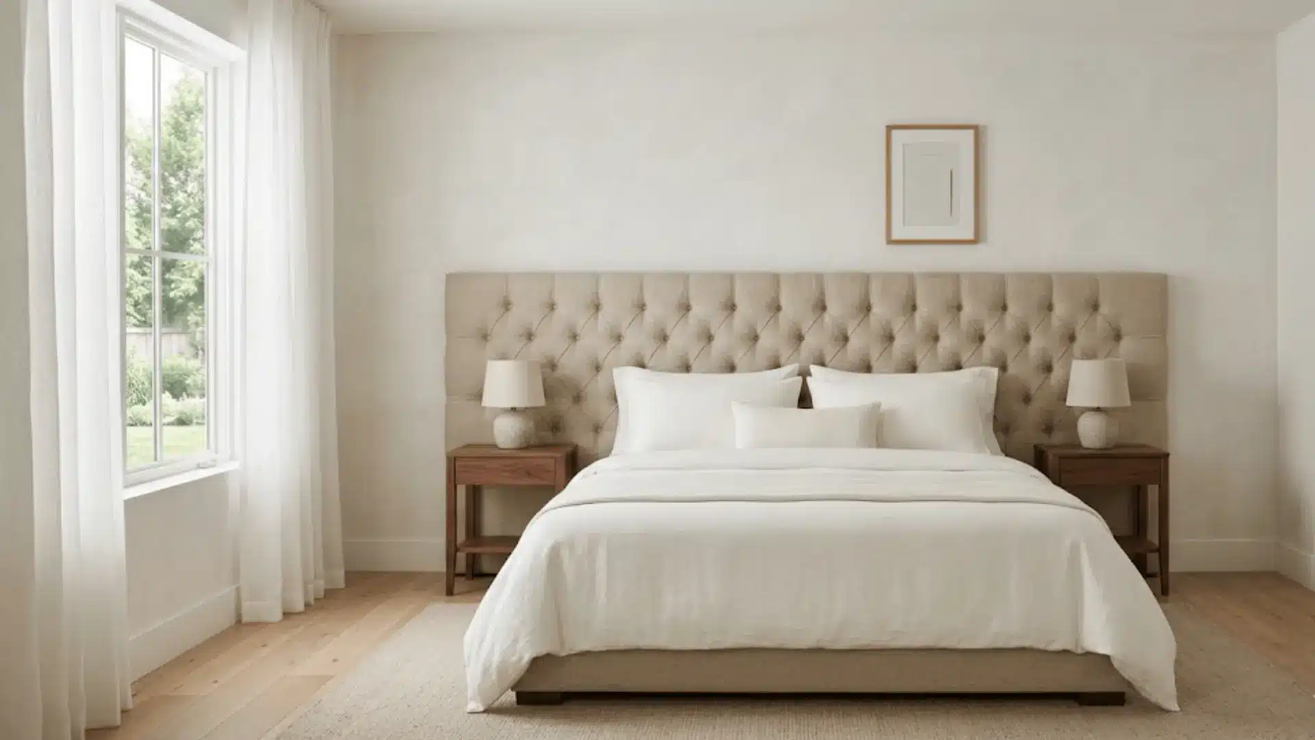 neutral bedroom with large oatmeal upholstered headboard, ivory linen bedding, and walnut nightstands