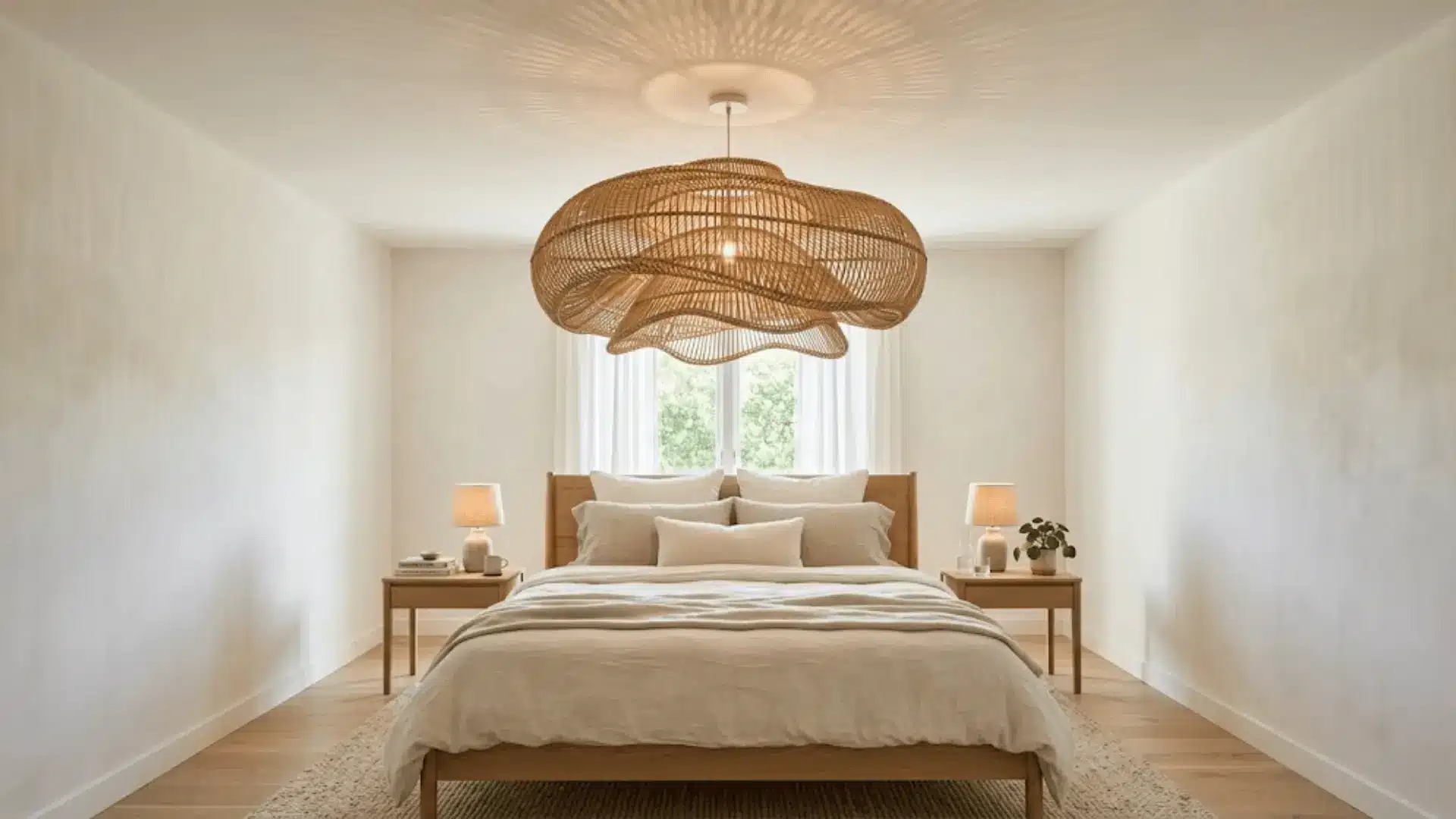 neutral bedroom with large rattan chandelier, layered cream linen bedding, and warm patterned light on ceiling