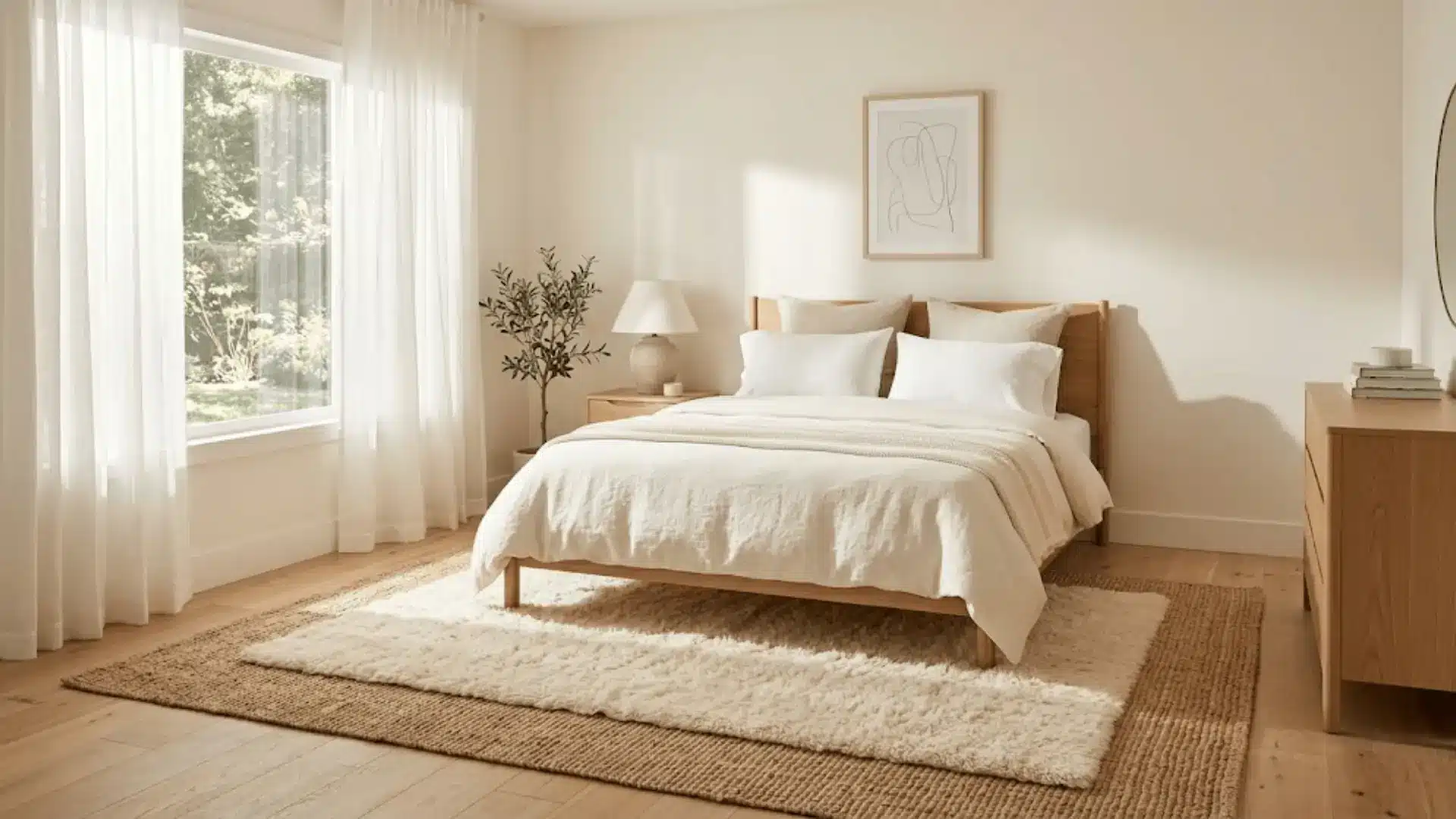 neutral bedroom with layered jute and cream wool rugs, linen bedding, and light wood bed frame in afternoon light