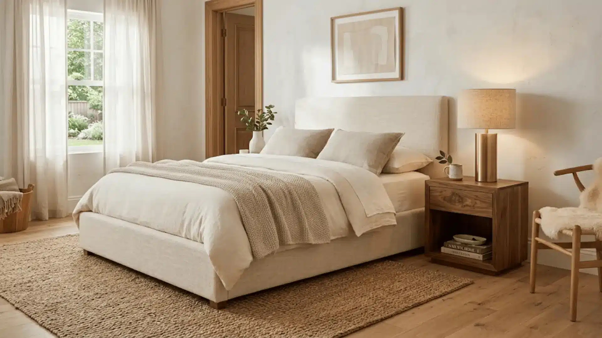 neutral bedroom with linen bed, walnut nightstand, brass lamp, and jute rug in warm afternoon light