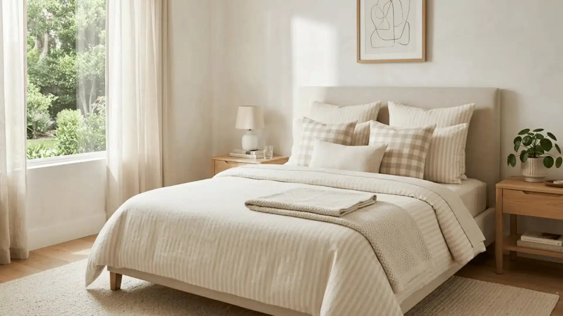 neutral bedroom with tone-on-tone striped linen bedding, check pillows, and geometric woven throw in morning light