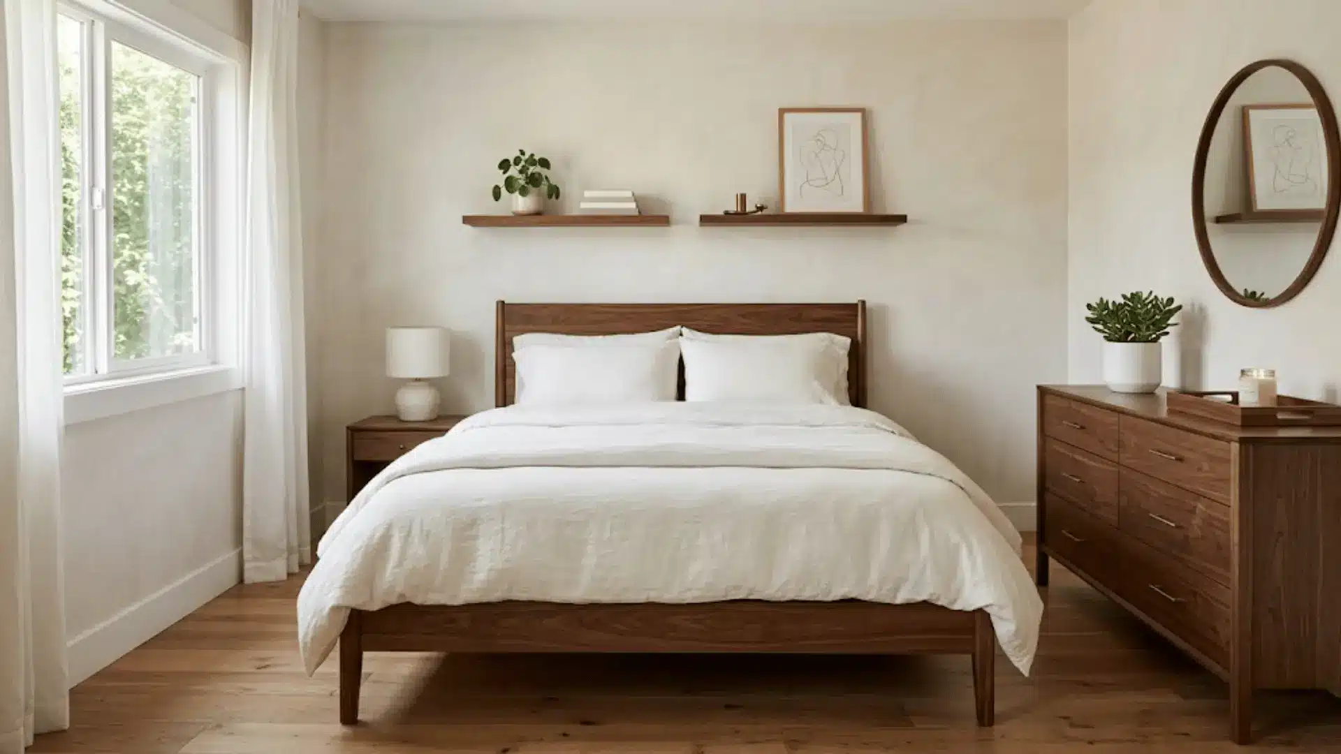 neutral bedroom with walnut bed frame, floating wood shelves, and warm white linen bedding in natural light