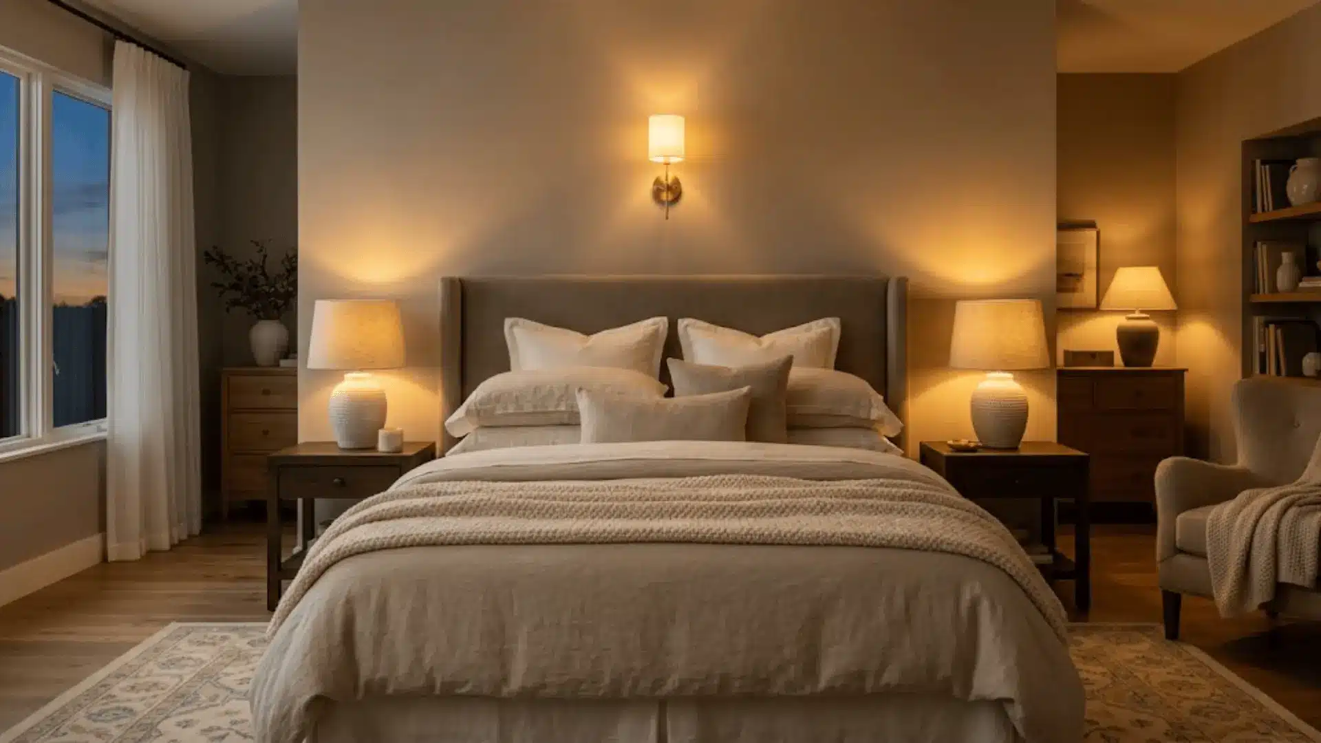 neutral bedroom with warm ceramic table lamps, wall sconce, greige walls, and layered cream linen bedding at dusk