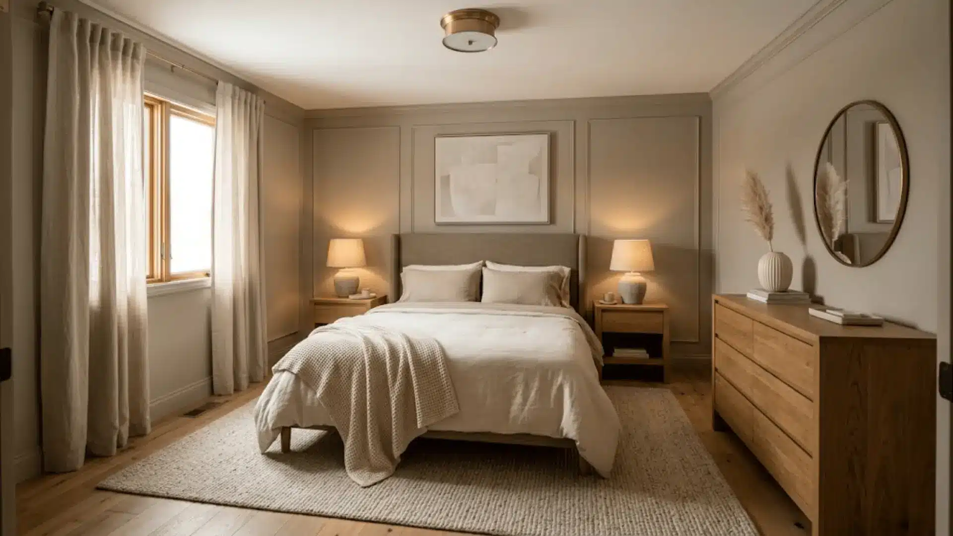 neutral cozy spare bedroom with linen headboard, waffle knit throw, oatmeal rug, and warm greige walls