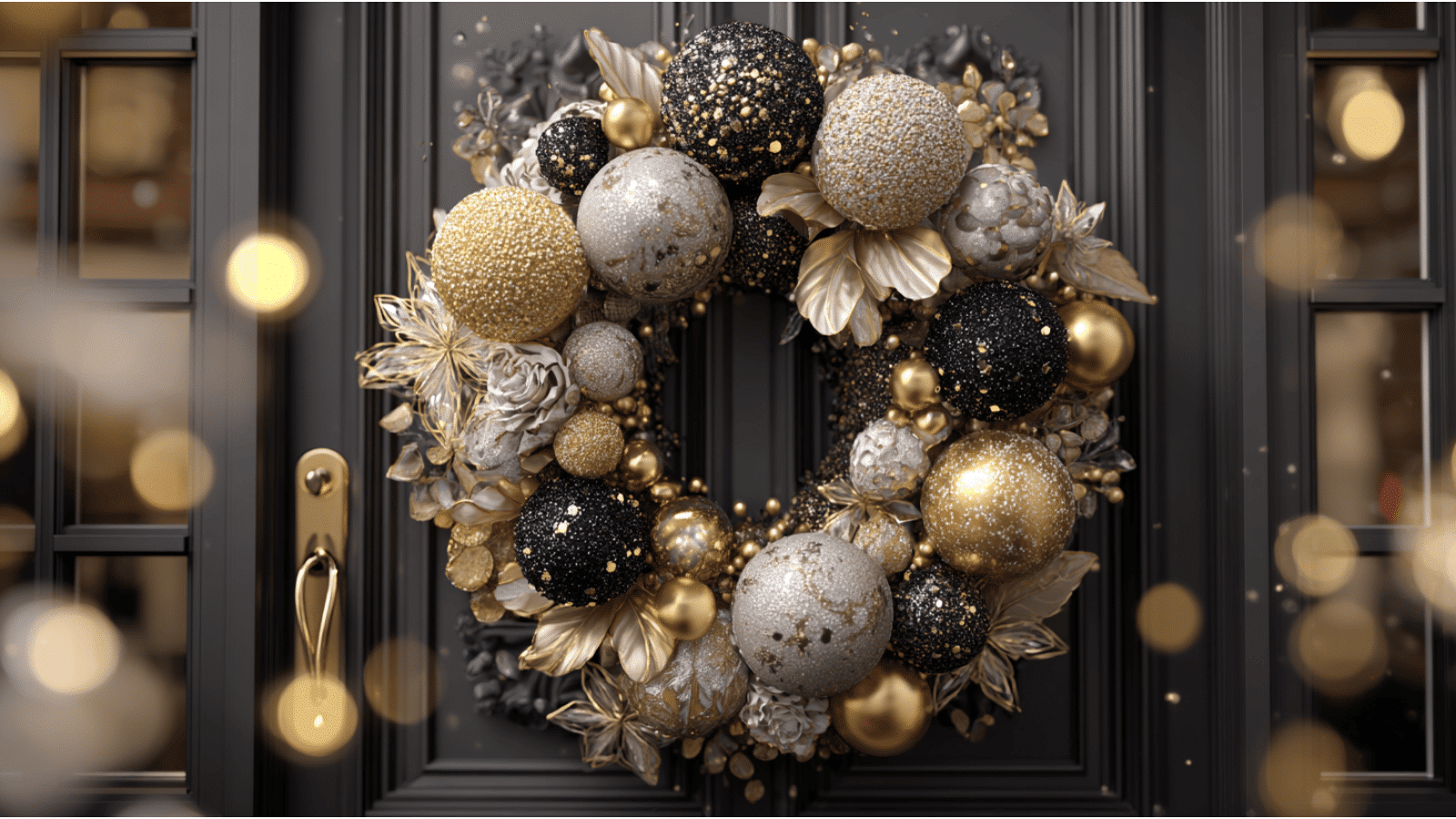 new year wreath with gold silver and black ornaments hanging on a modern dark front door with glowing lights