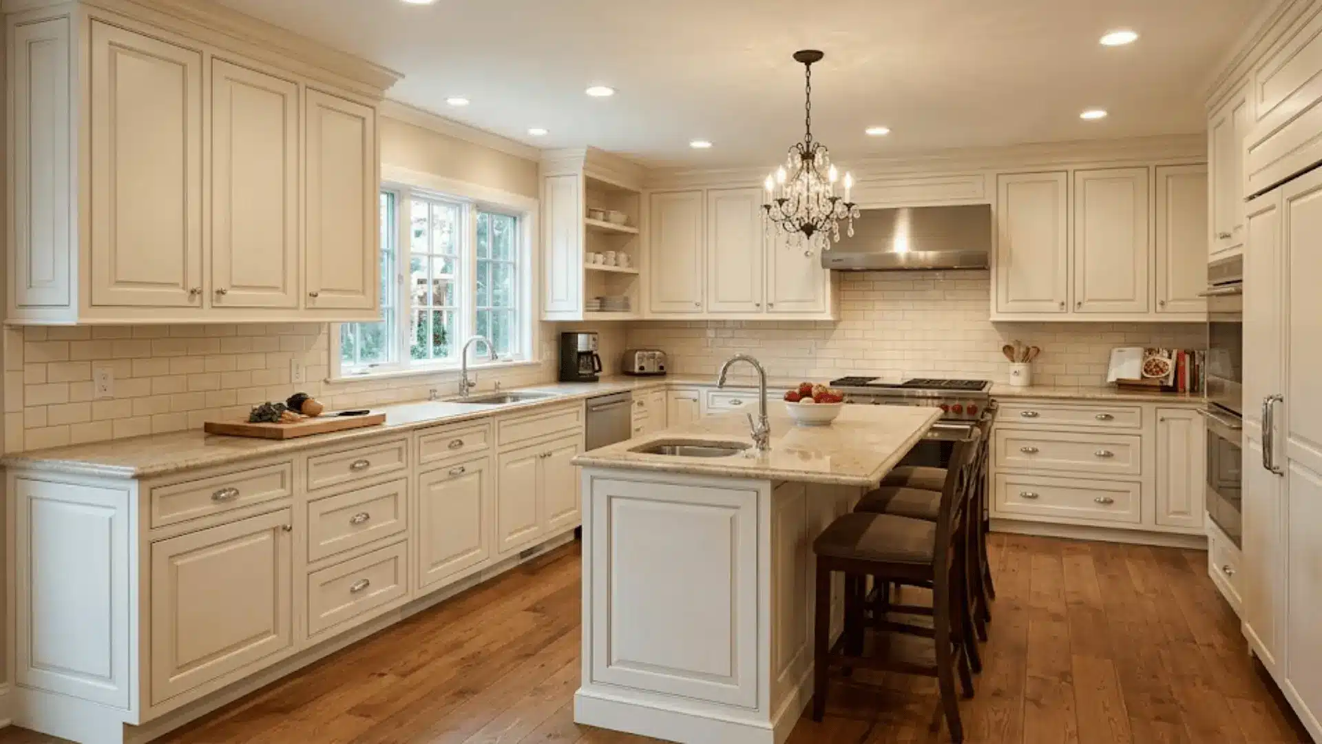 off white framed cabinets with chrome hardware and granite countertops in a traditional american kitchen