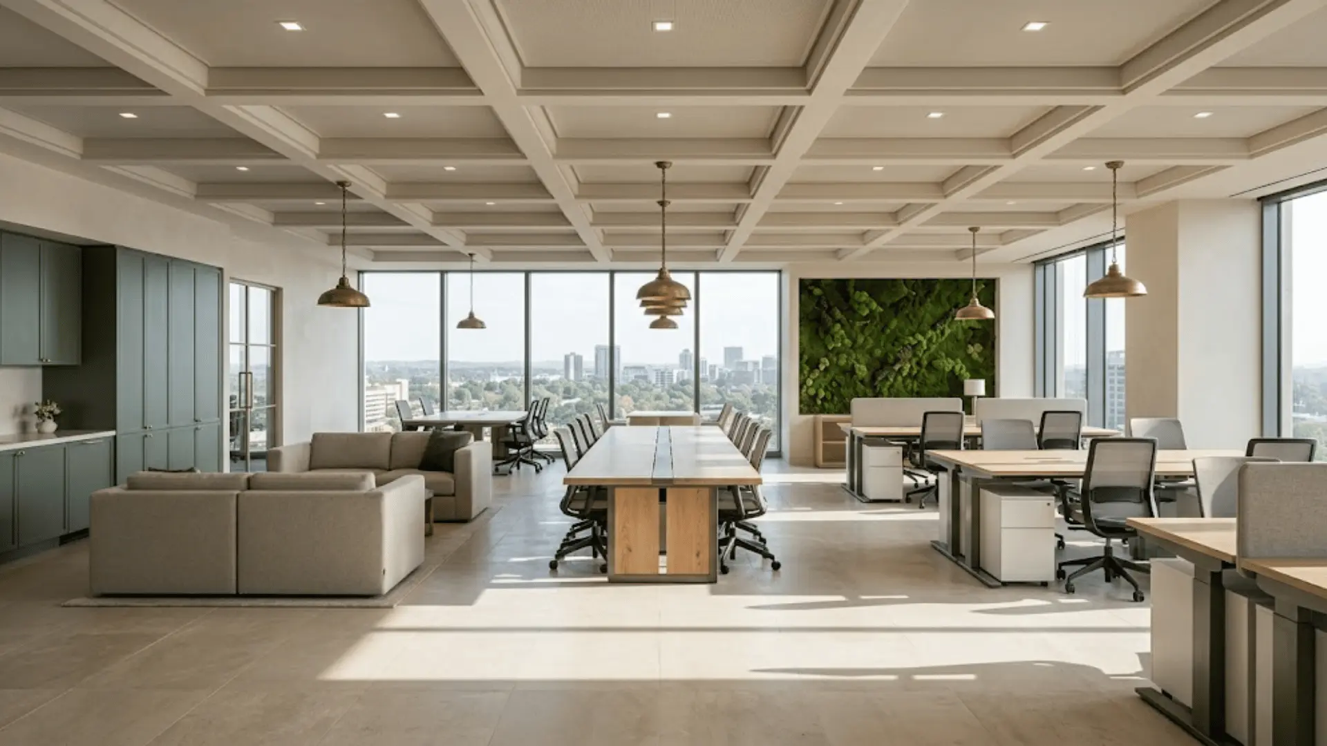 open-plan commercial interior with limestone floors, sage millwork, brass lighting, and a moss wall