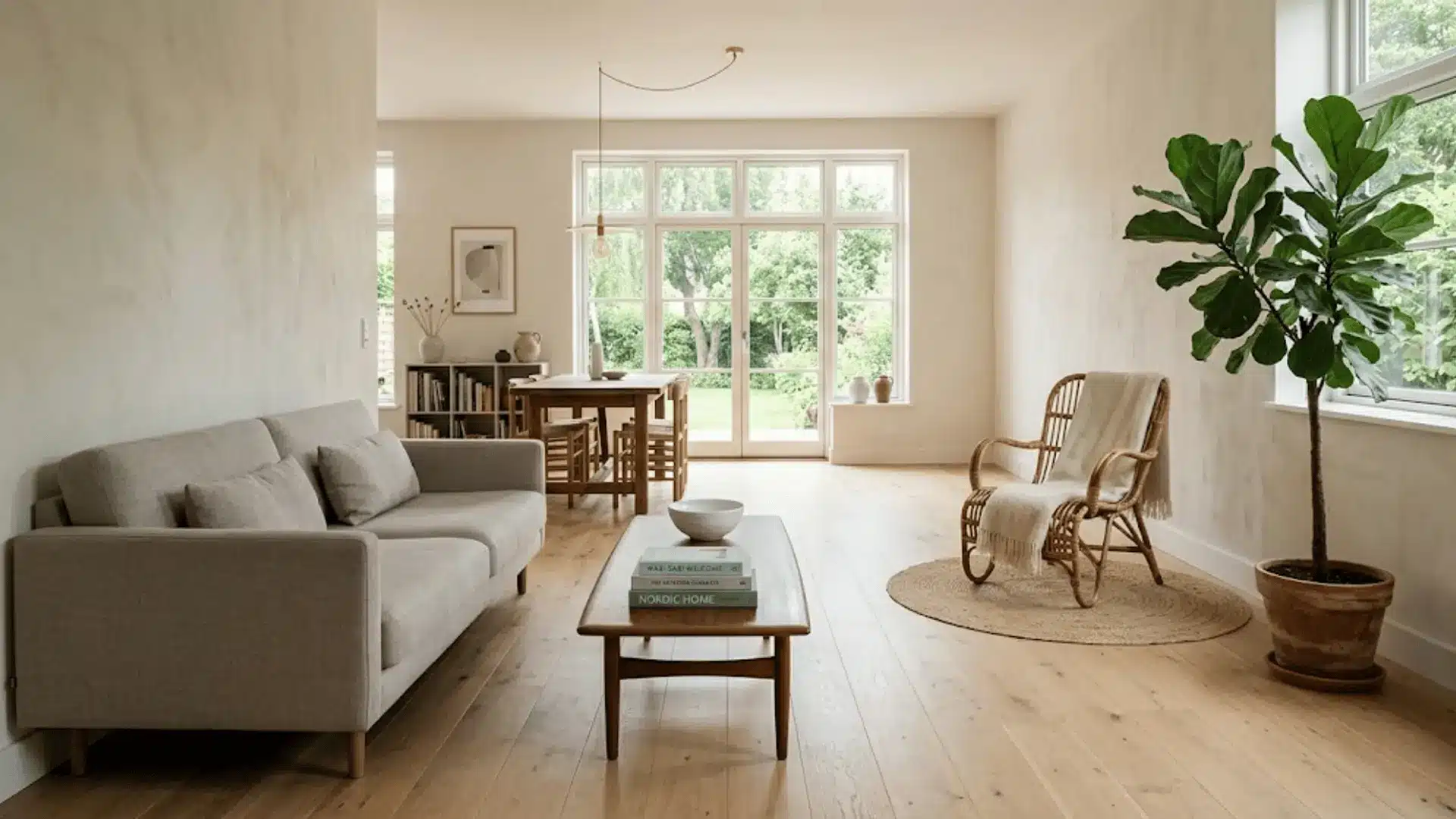 open-plan living space with modern sofa, rattan chair, walnut coffee table, and indoor fig tree