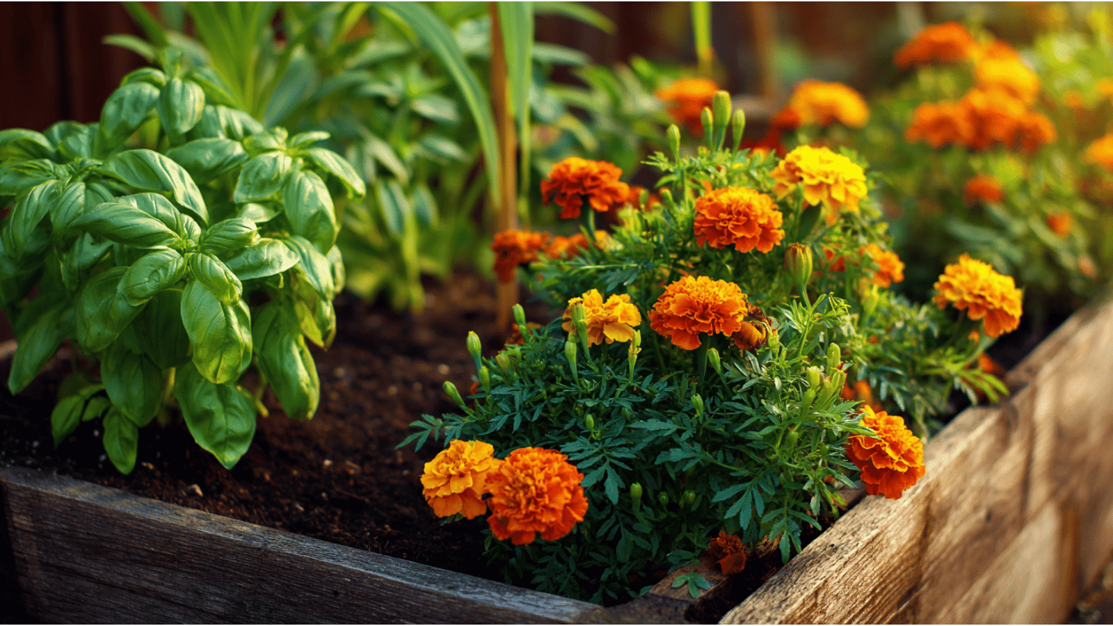 Orange marigold blooms beside leafy basil in a backyard planter with earthy mulch and golden evening sunshine.