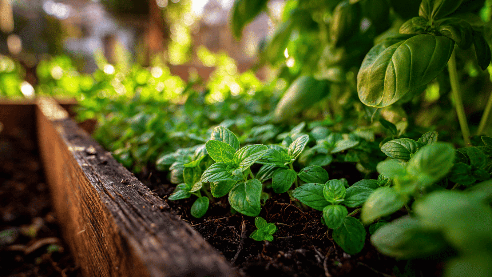 Oregano and basil plants growing closely in a wooden herb box with morning light and soft green foliage.