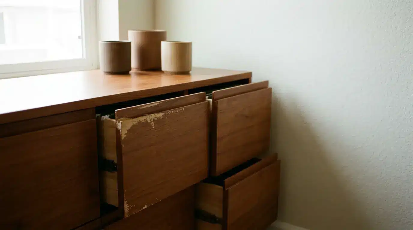 Wooden dresser with open drawers and ceramic bowls in a bright corner setting