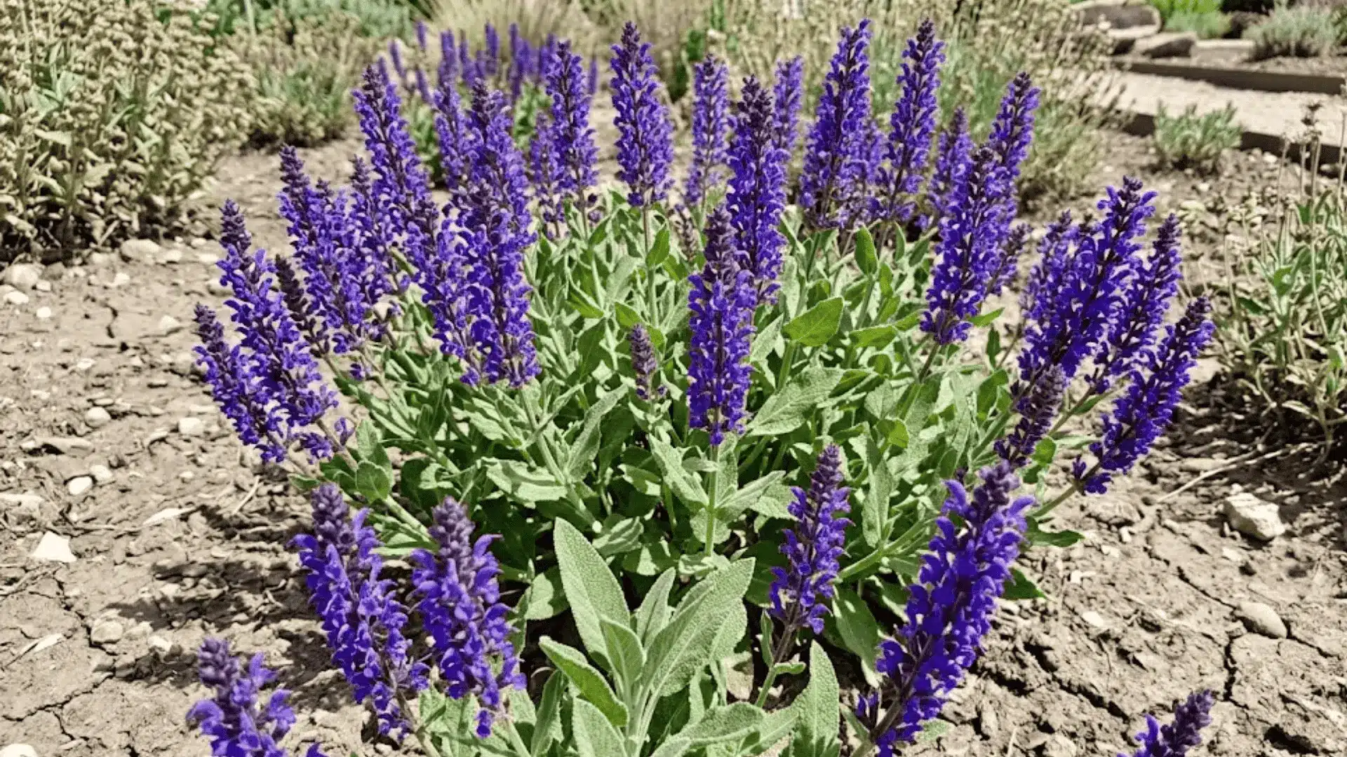 ornamental salvia shrub with violet blue flower spikes and grey green leaves in dry garden soil